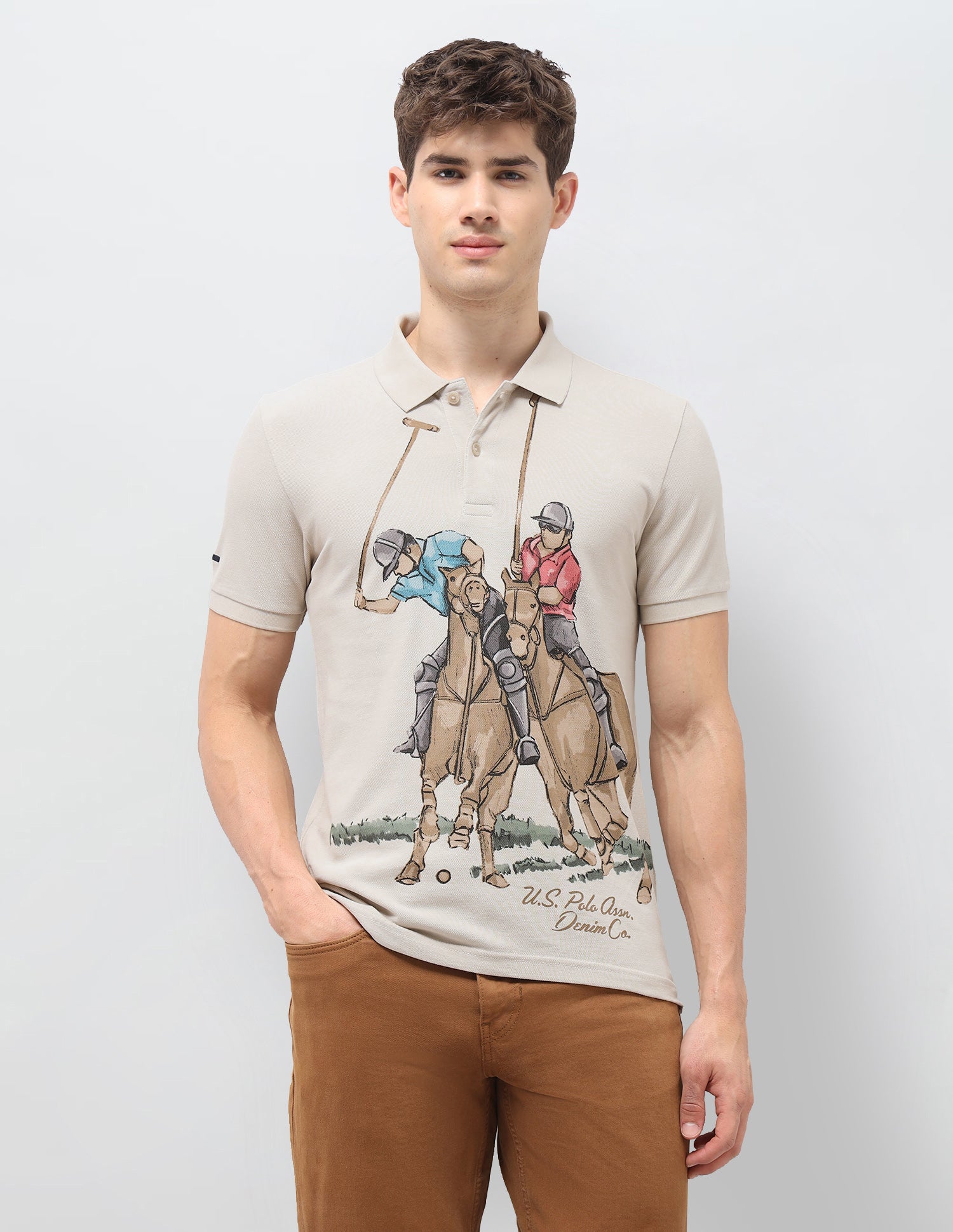 Graphic Brand Printed Muscle Fit Polo Shirt Beige - U.S. Polo Assn. India | Large