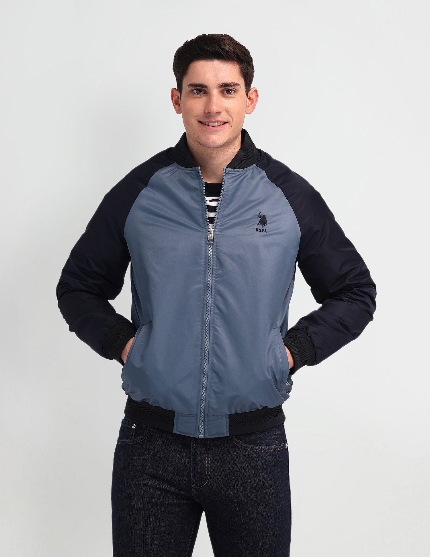 Regular Fit Solid Bomber Jacket Navy - U.S. Polo Assn. India | Large