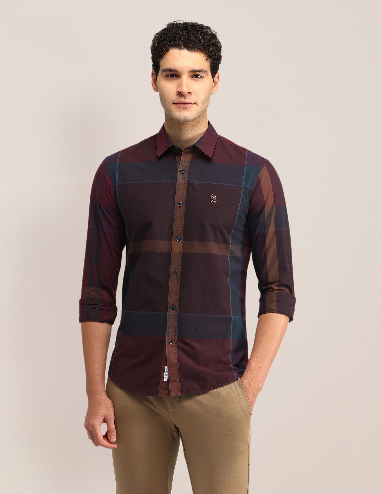 Grid Tattersall Checked Tailored Fit Shirt Maroon - U.S. Polo Assn. India | Large