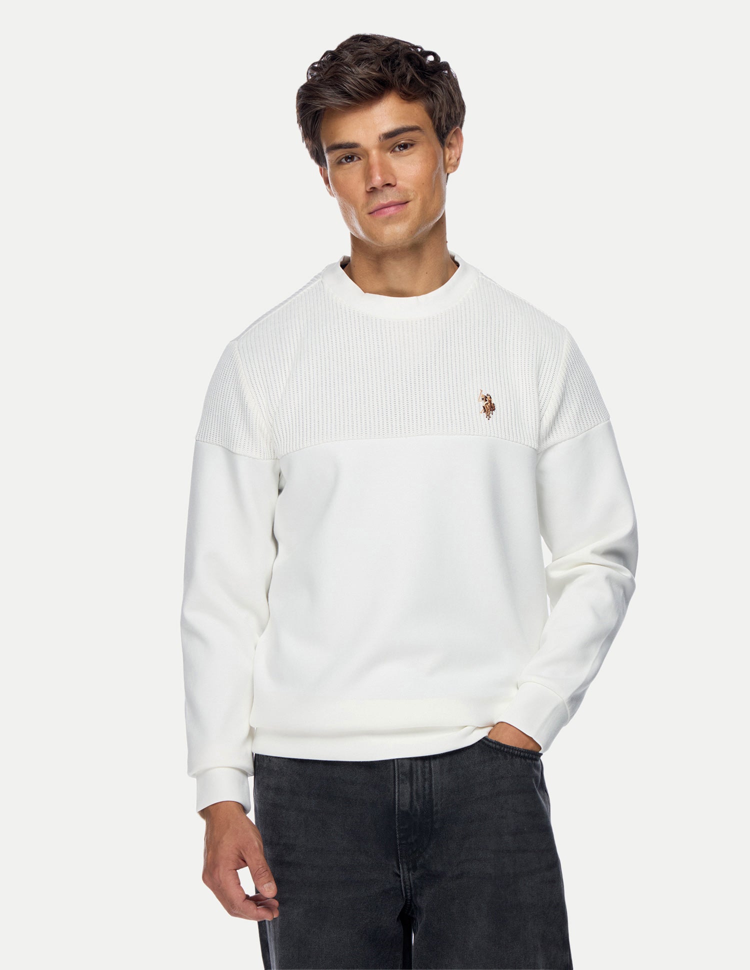 Patterned Knit Regular Fit Sweatshirt Ivory - U.S. Polo Assn. India | Large