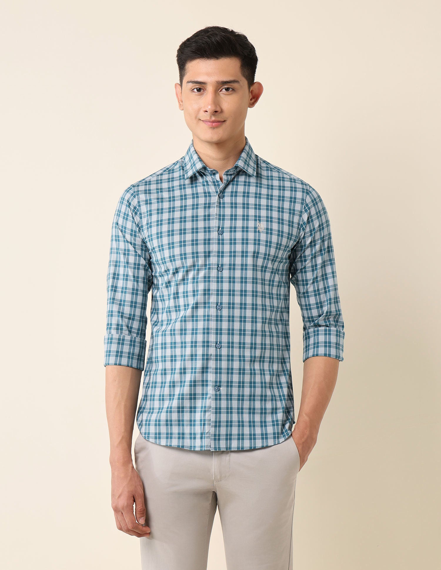 Tailored Fit Plaid Checked Shirt Teal - U.S. Polo Assn. India | Large