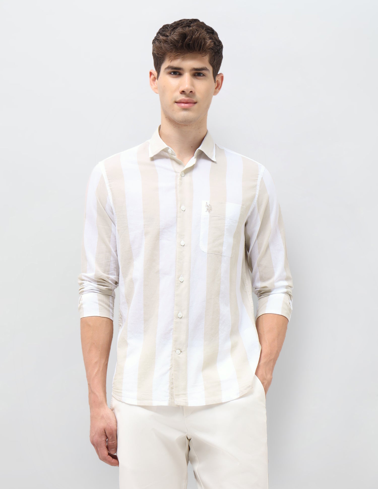 Vertical Striped Tailored Fit Shirt Beige - U.S. Polo Assn. India | Large