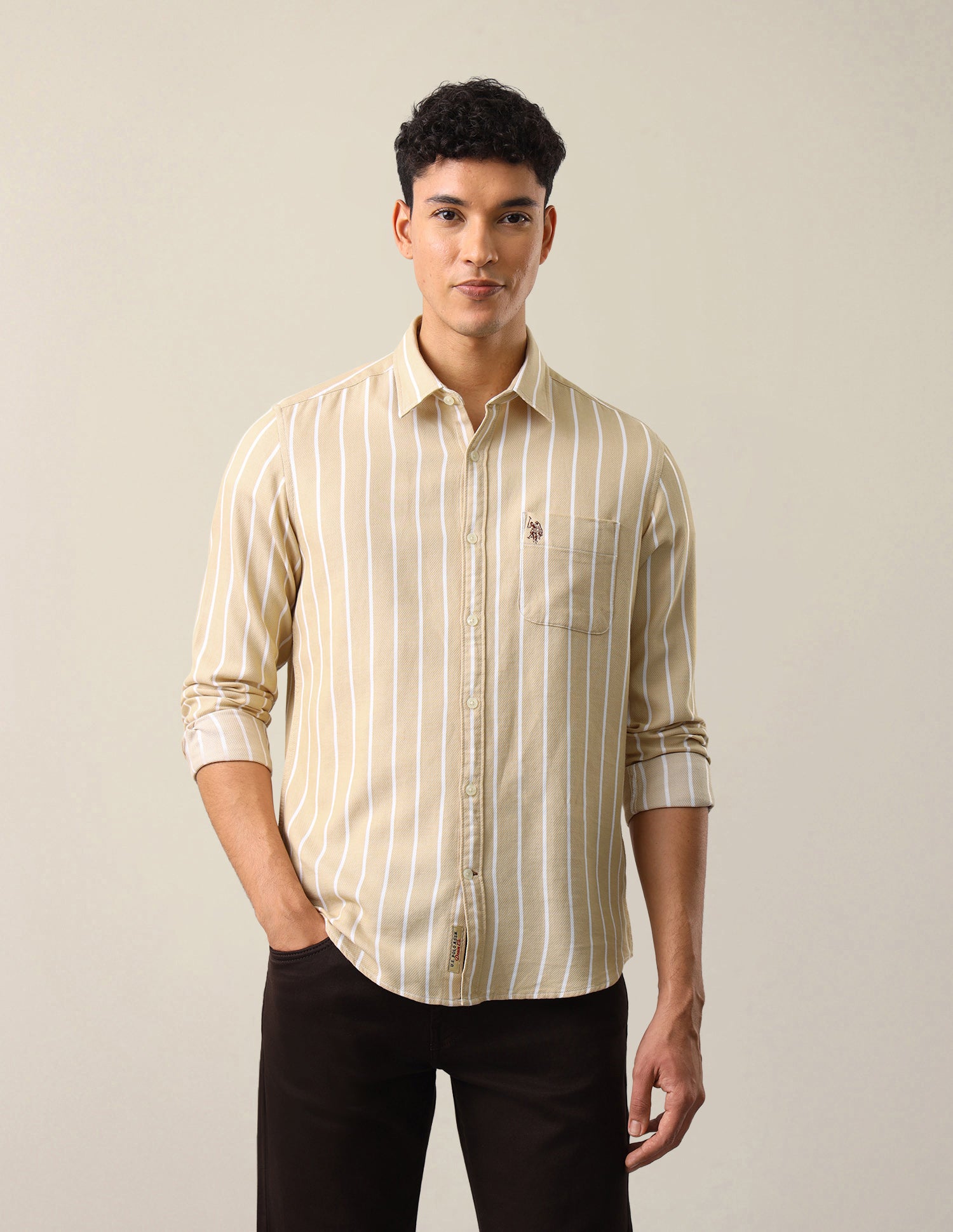 Vertical Striped Regular Fit Shirt Beige - U.S. Polo Assn. India | Large