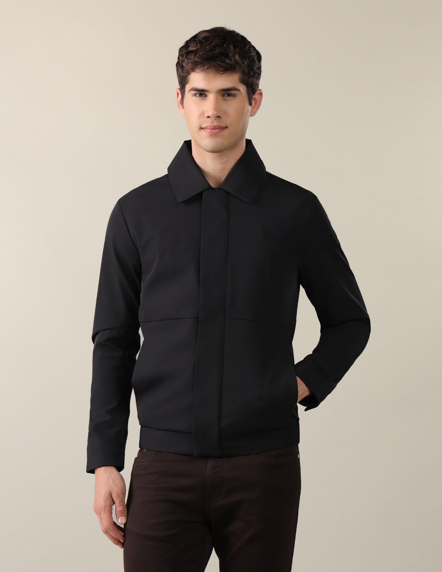 Solid Regular Fit Bomber Jacket Black - U.S. Polo Assn. India | Large