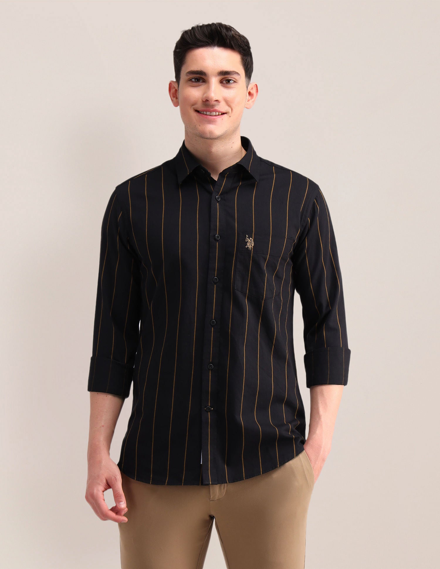Tailored Fit Twill Striped Shirt Black - U.S. Polo Assn. India | Large