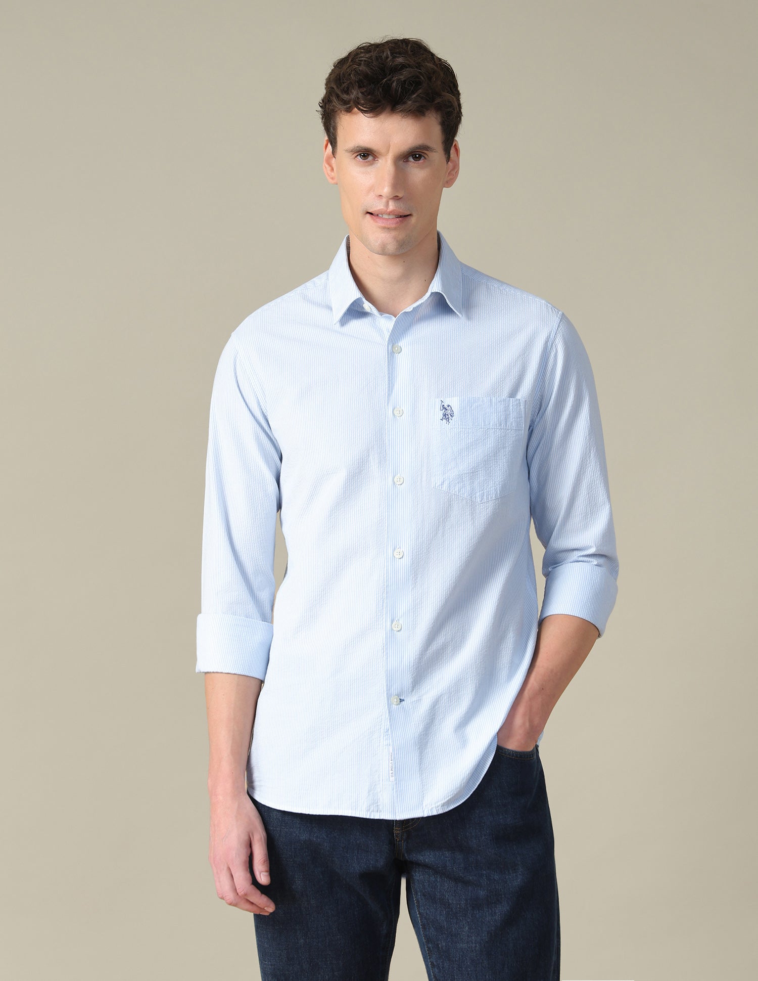 Vertical Striped Seersucker Shirt Light Blue - U.S. Polo Assn. India | Large