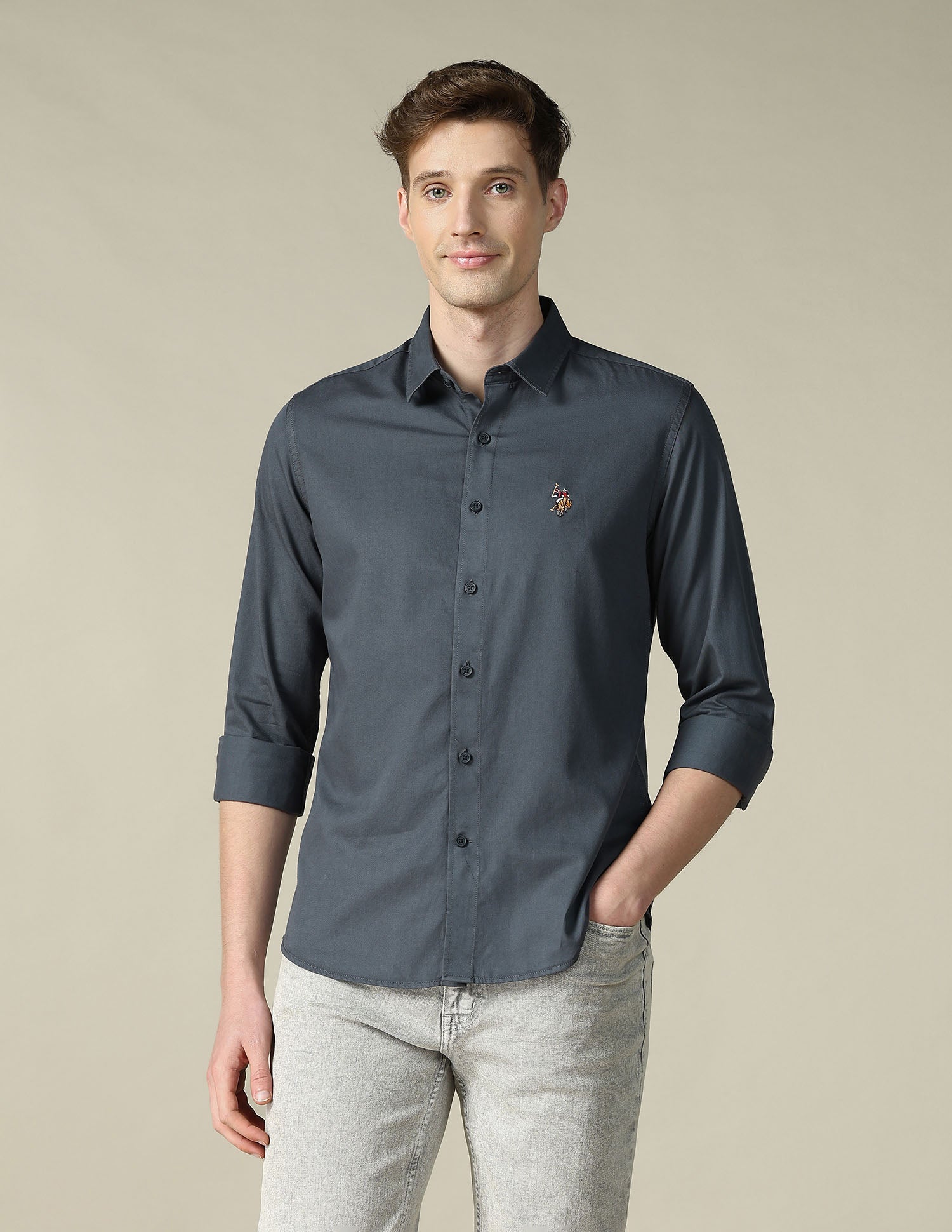 Twill Regular Fit Shirt Grey - U.S. Polo Assn. India | Large