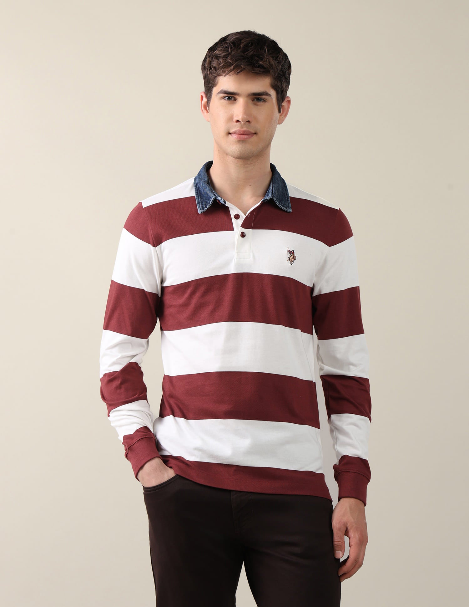 Horizontal Striped Slim Fit Polo Shirt Brown - U.S. Polo Assn. India | Large