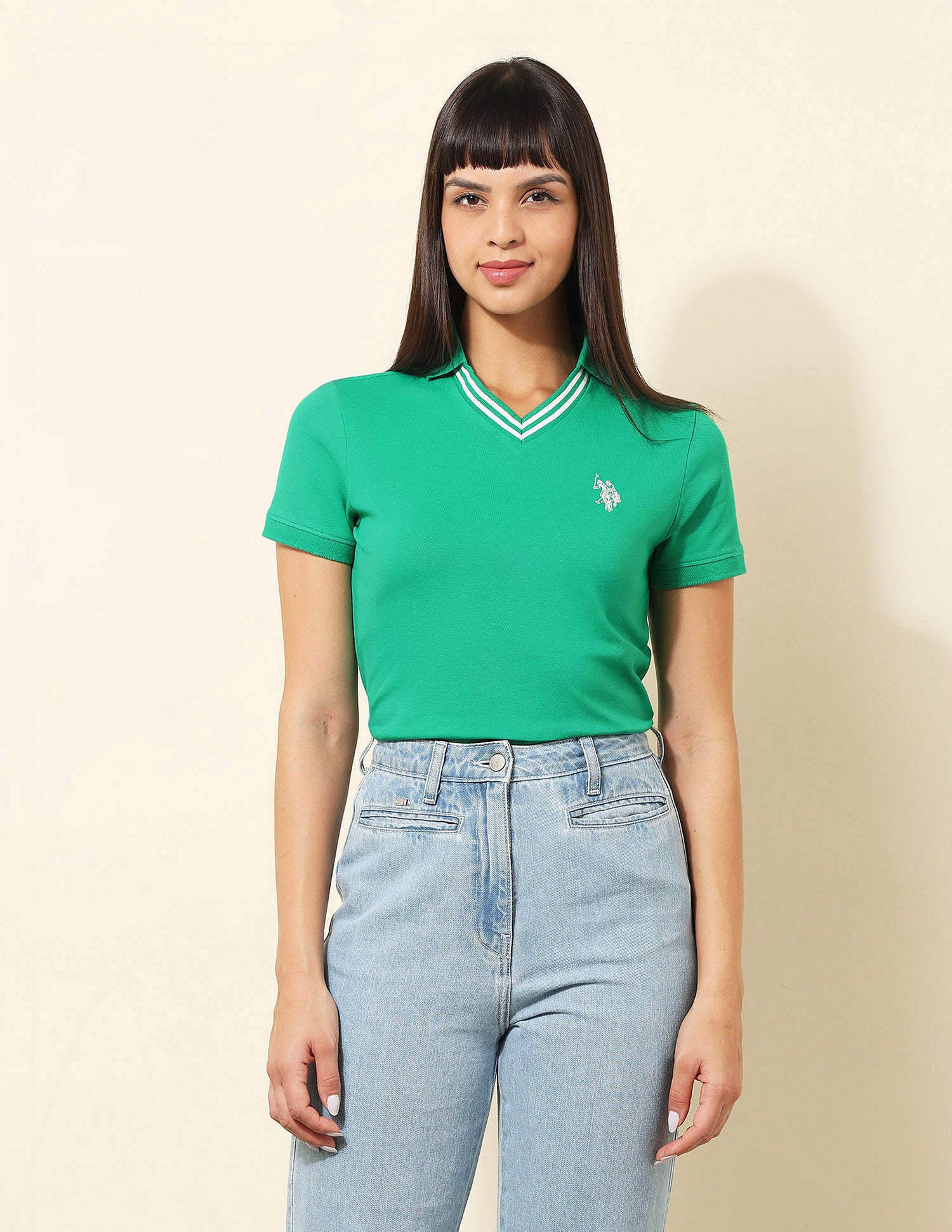 Tipped V-Neck Solid Polo Shirt Green - U.S. POLO ASSN. | Large