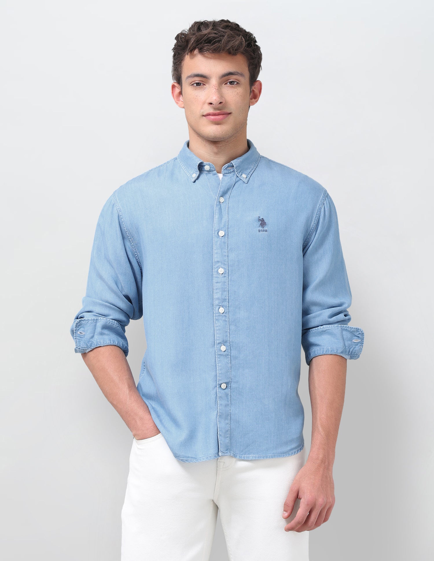 Solid Regular Fit Button Down Shirt Light Indigo - U.S. Polo Assn. India | Large