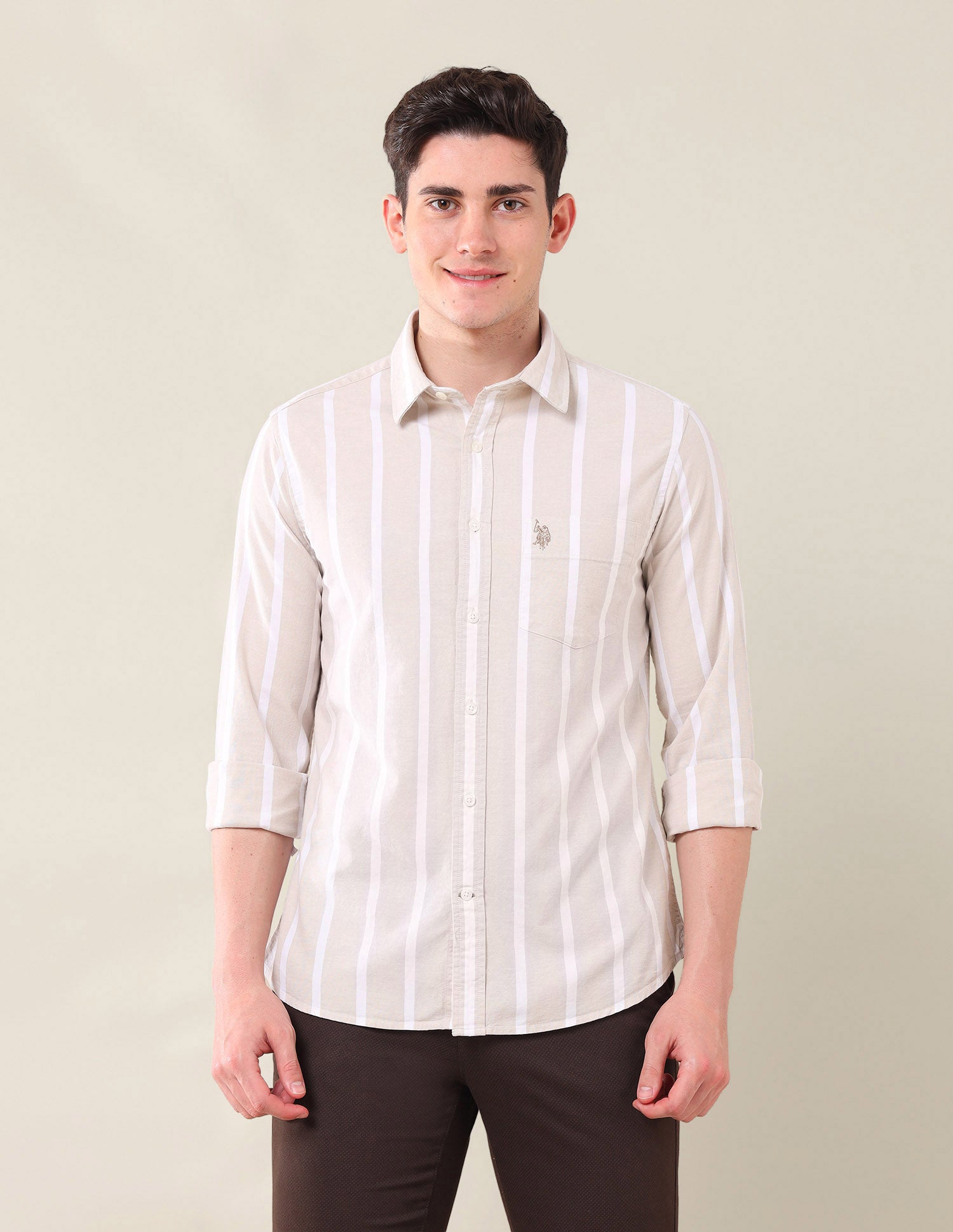 Vertical Striped Oxford Shirt Beige - U.S. Polo Assn. India | Large