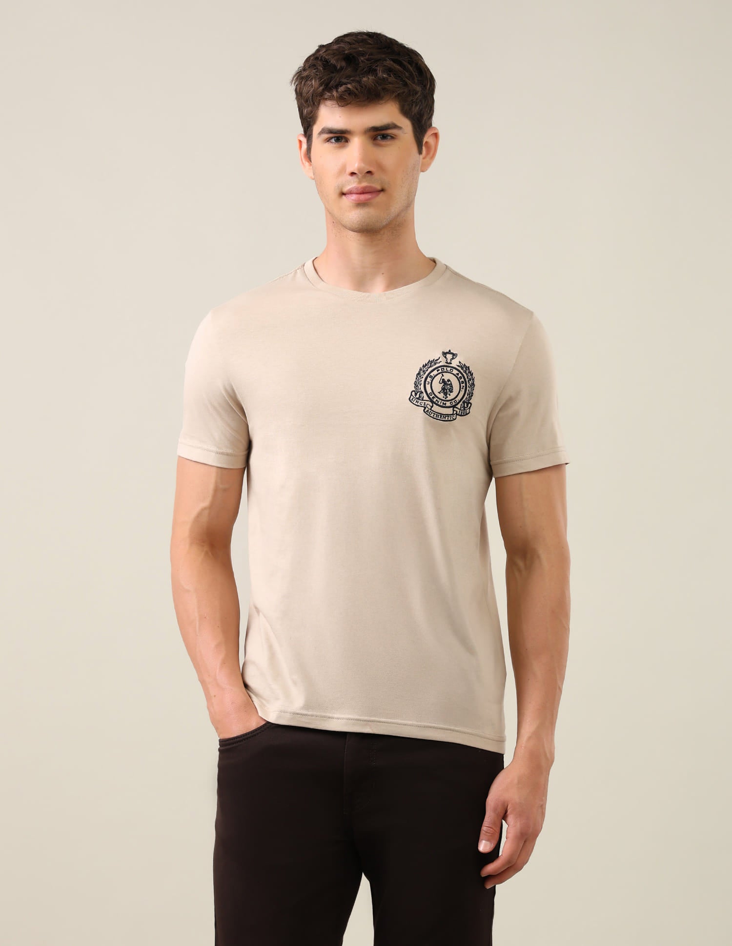 Solid Regular Fit T-Shirt Beige - U.S. Polo Assn. India | Large