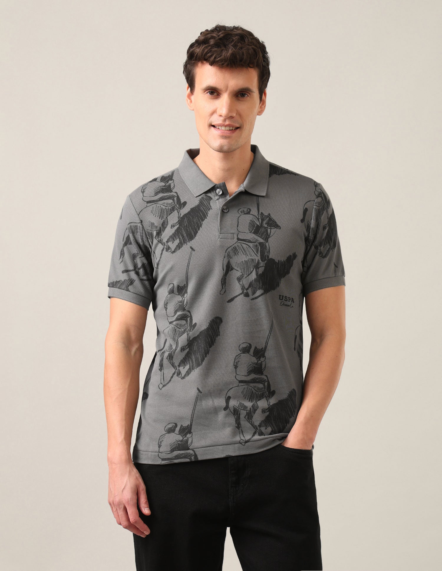 Graphic Brand Printed Slim Fit Polo Shirt Dark Grey - U.S. Polo Assn. India | Large