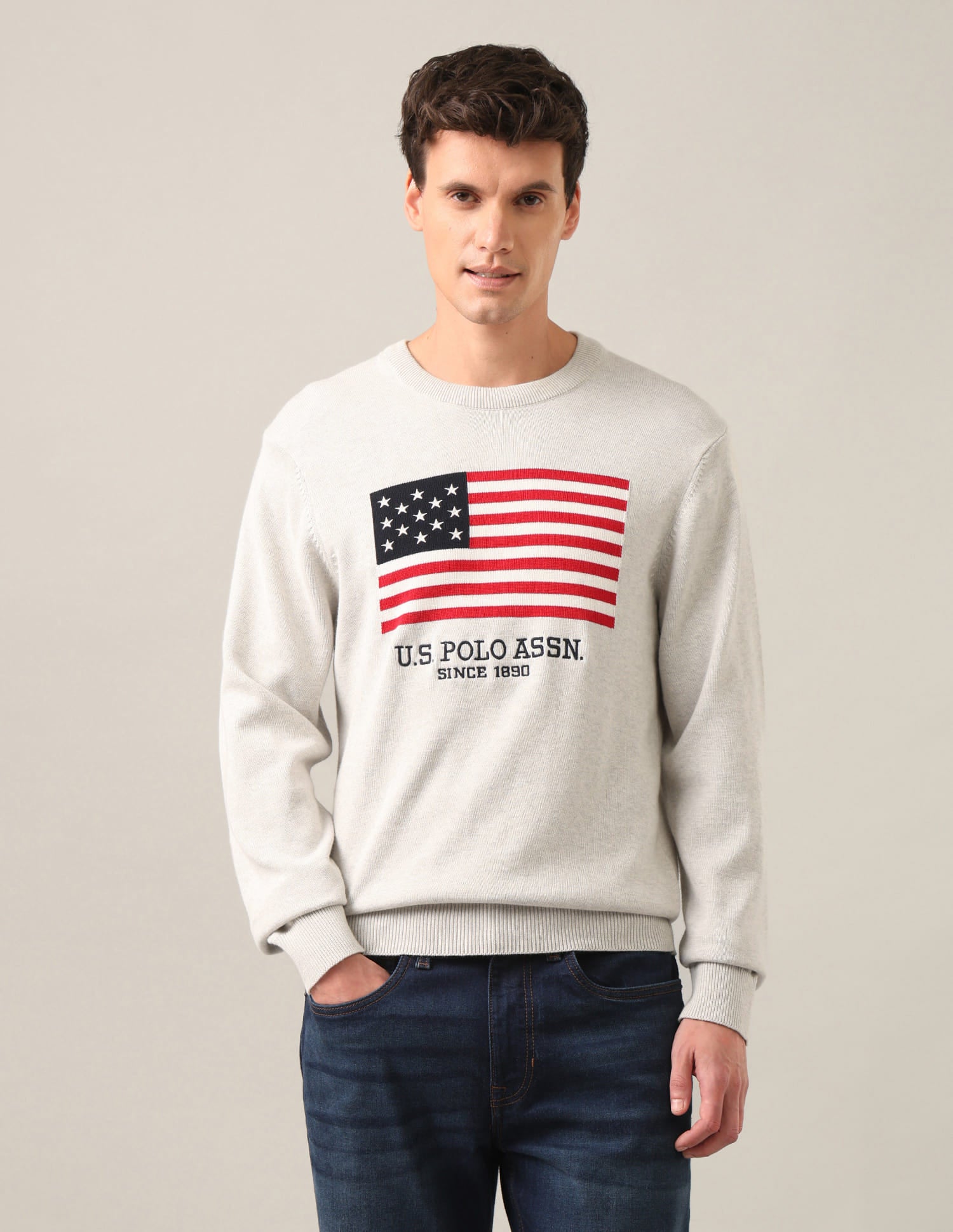 Crew Neck Heathered Patterned Knit Sweater Ecru - U.S. Polo Assn. India | Large