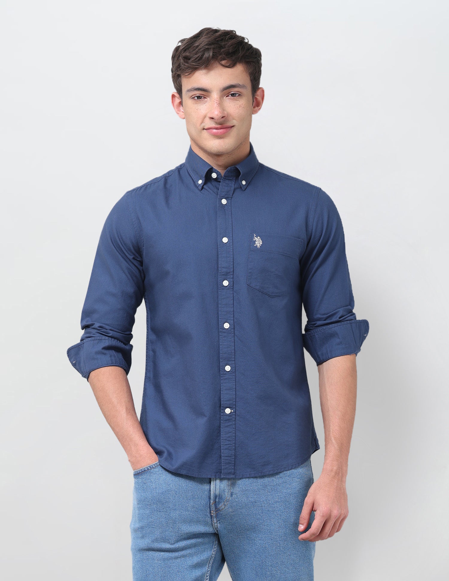 Tailored Fit Oxford Button Down Shirt Blue - U.S. Polo Assn. India | Large
