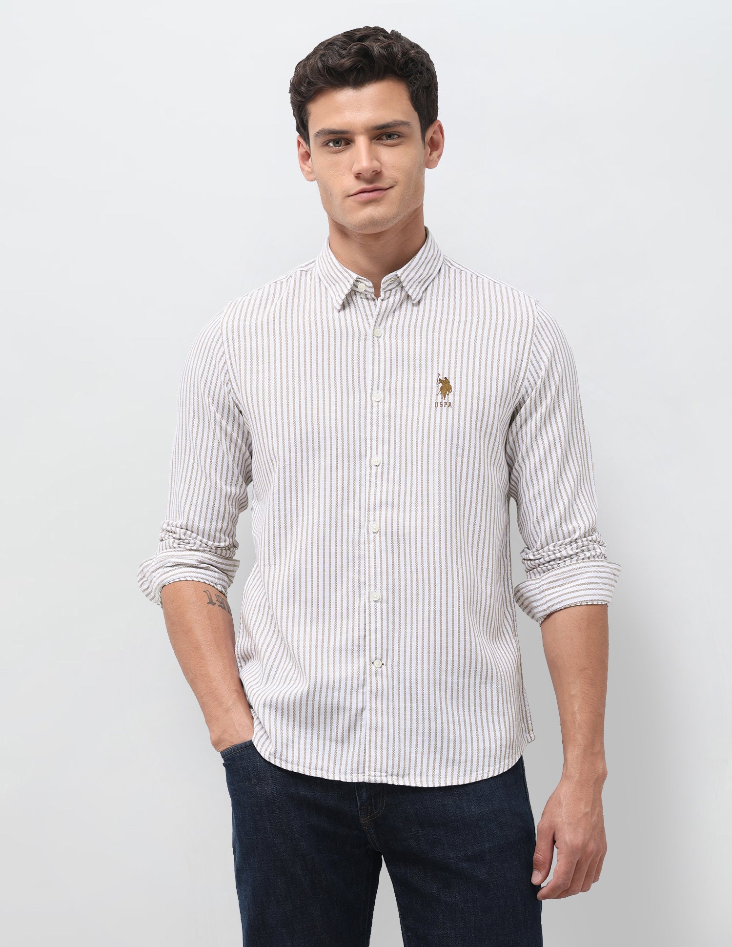Vertical Striped Seersucker Shirt Ochre - U.S. Polo Assn. India | Large