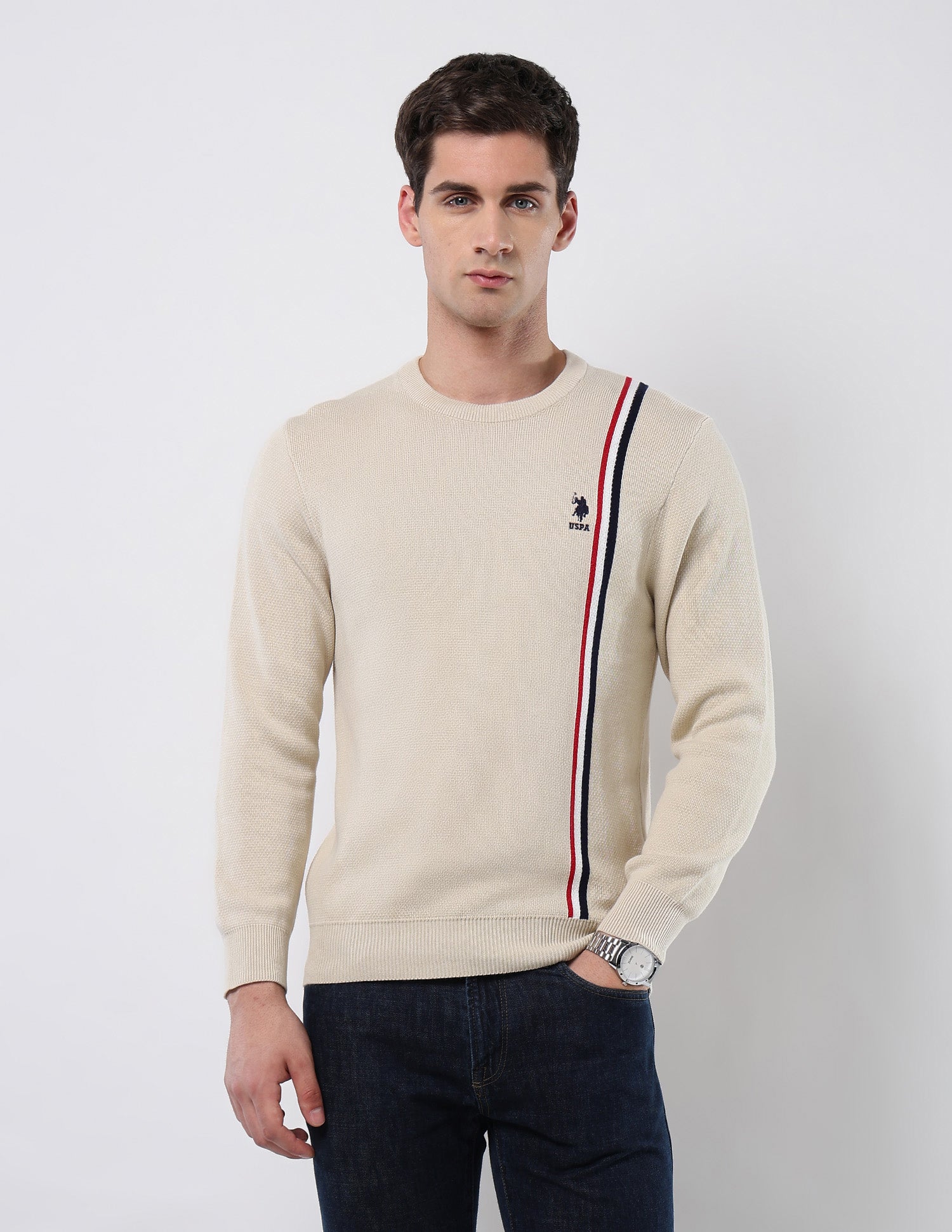 Vertical Striped Patterned Knit Sweater Beige - U.S. POLO ASSN. | Large