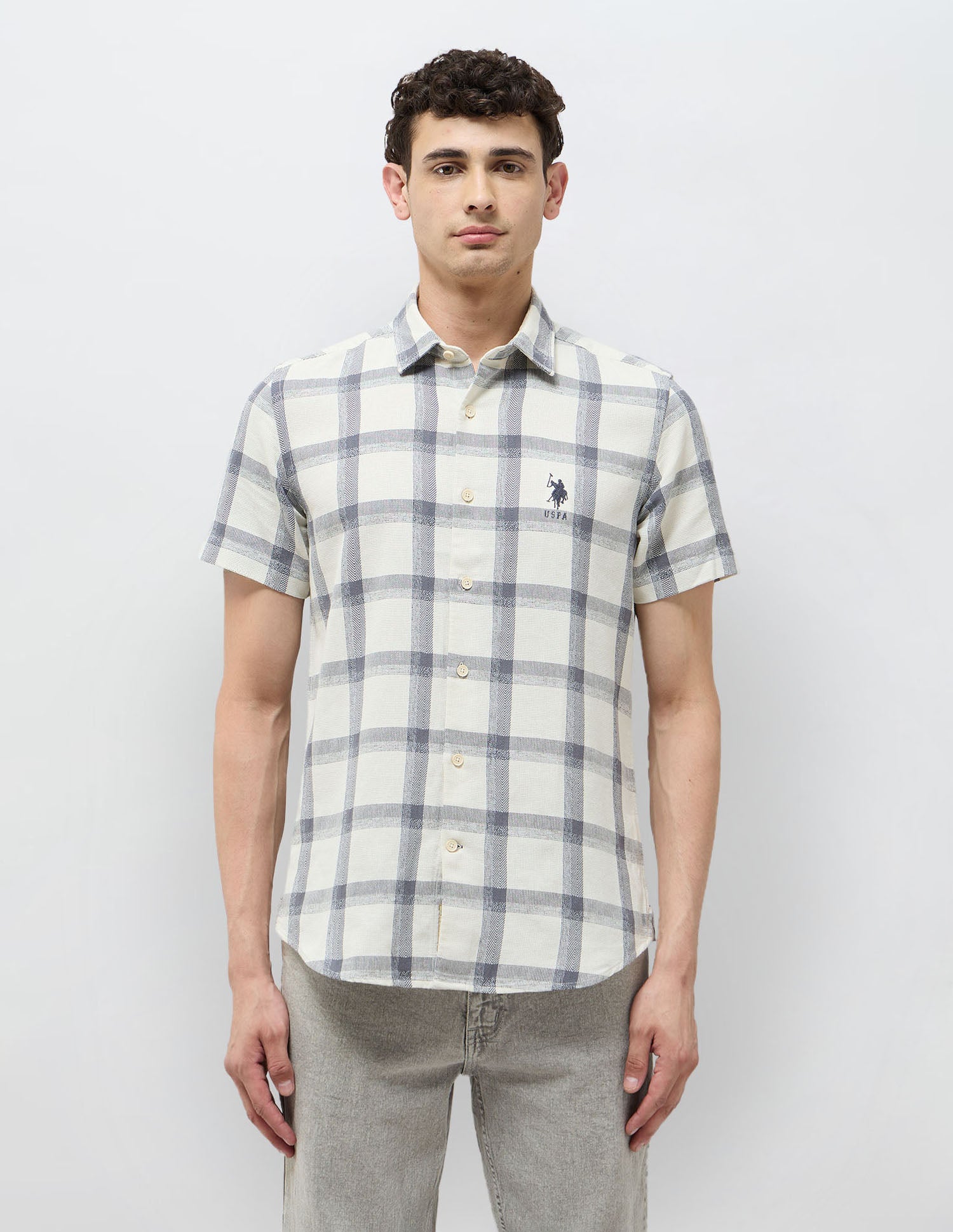Regular Fit Textured With Grid Checked Shirt Off White - U.S. POLO ASSN. | Large