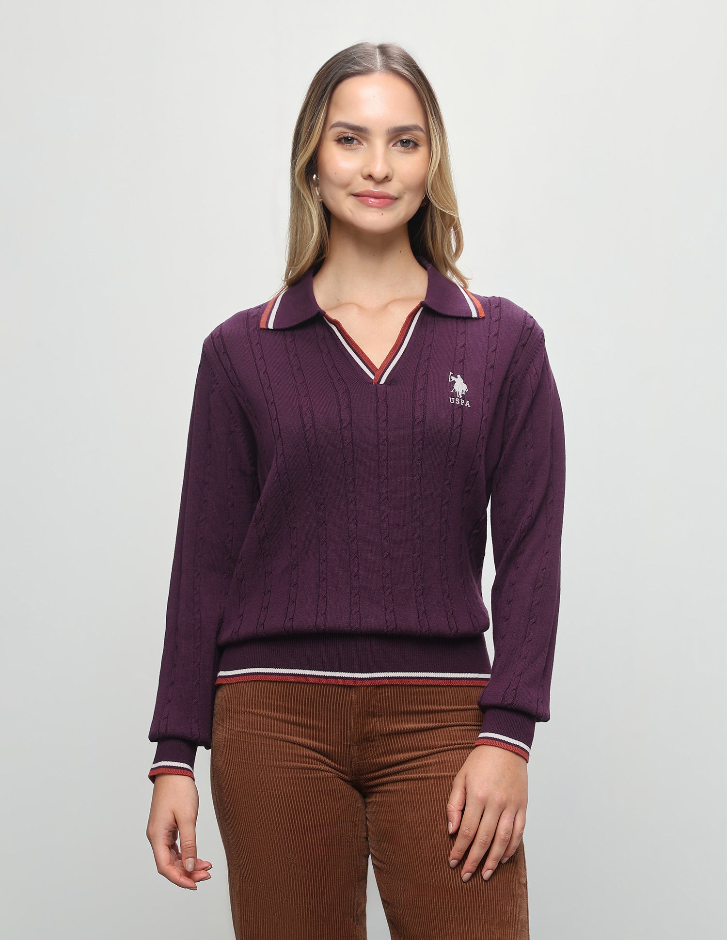 Cable Patterned Knit Regular Fit Sweater Purple - U.S. Polo Assn. India | Large