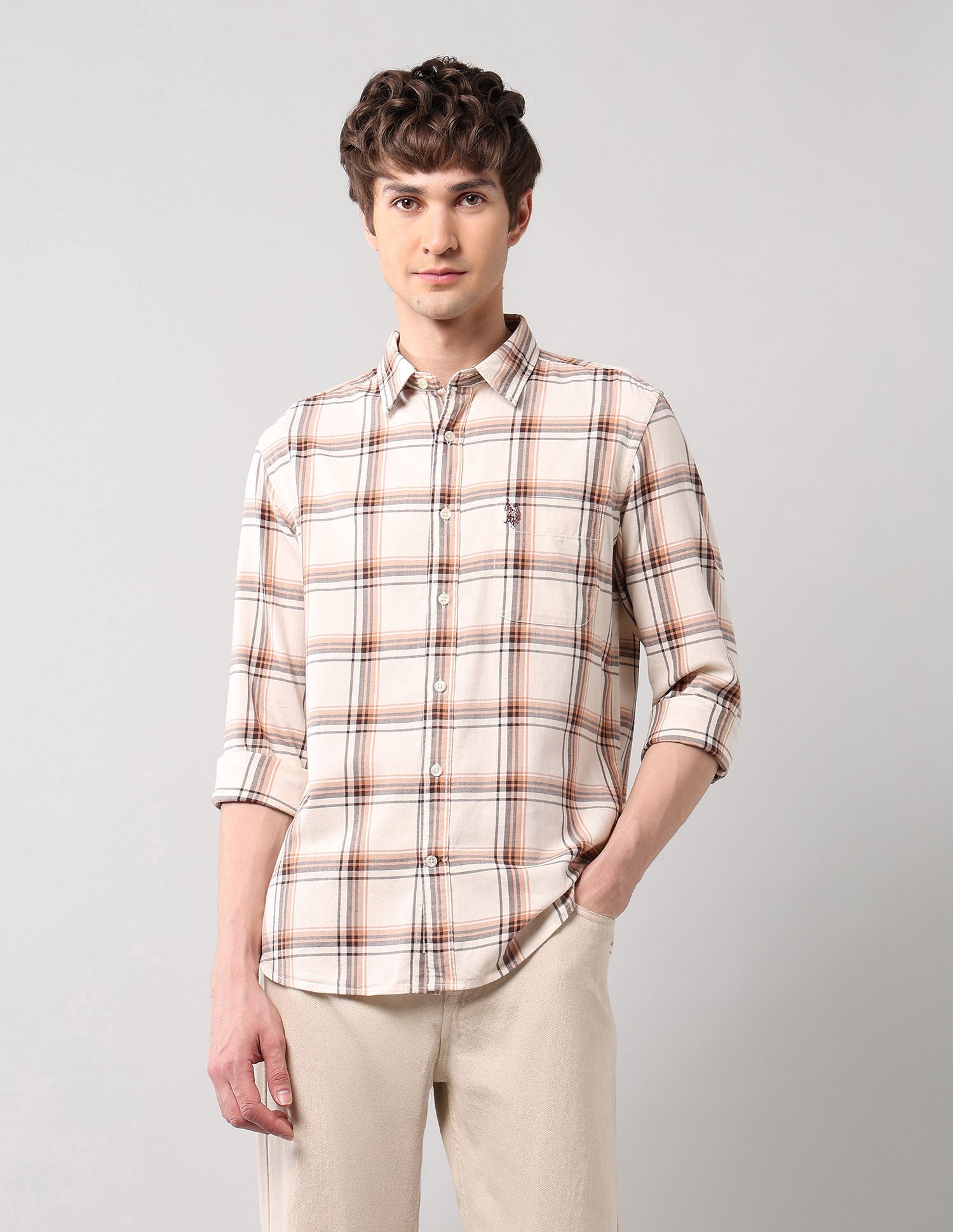 Grid Tattersall Checked Pure Cotton Shirt Ivory - U.S. POLO ASSN. | Large