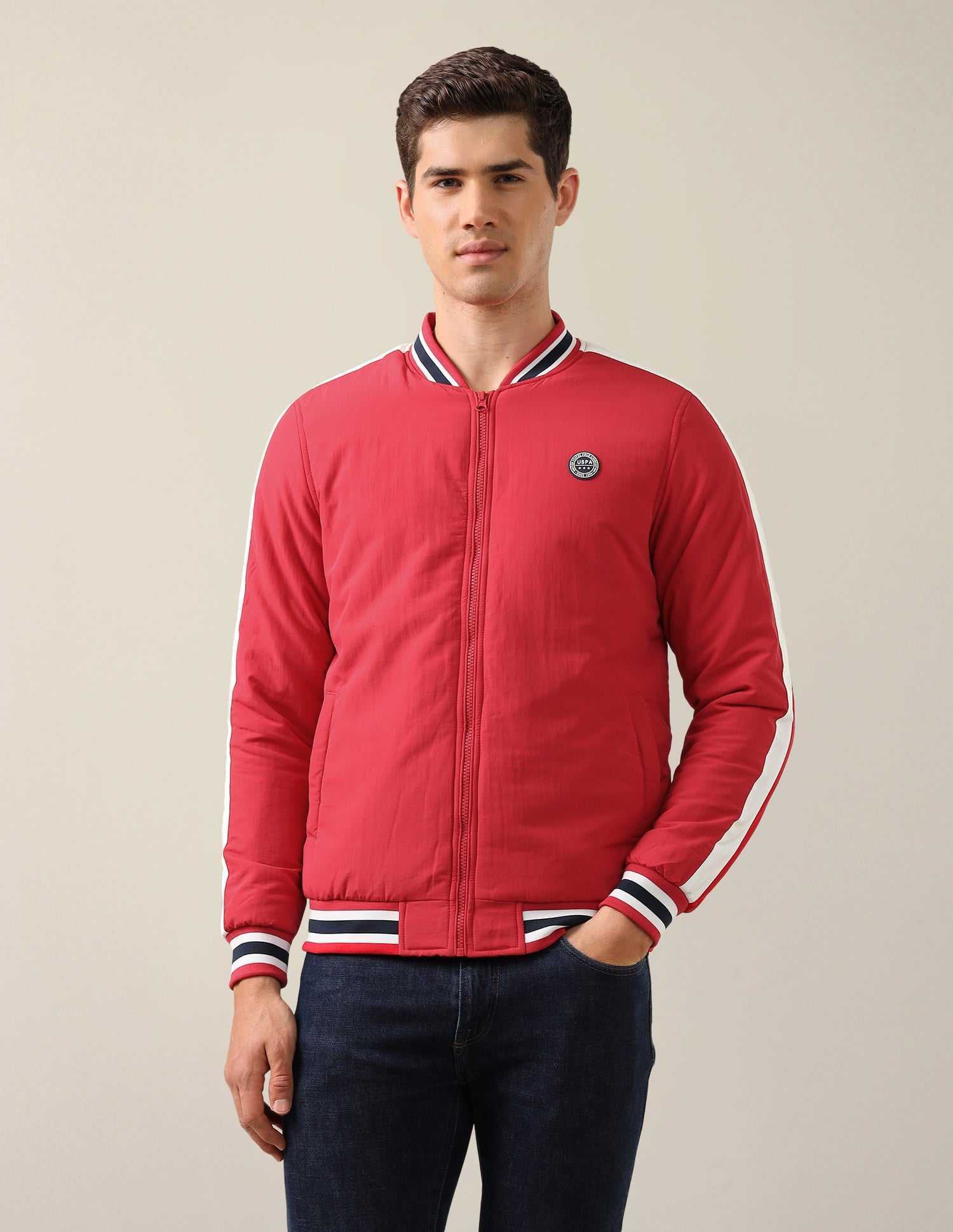 Stand Collar Solid Bomber Jacket Red - U.S. Polo Assn. India | Large