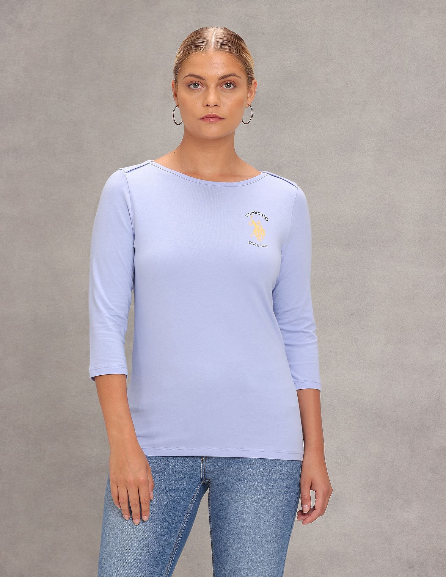 Boat Neck Solid Knit T-Shirt Light Blue - U.S. Polo Assn. India | Large