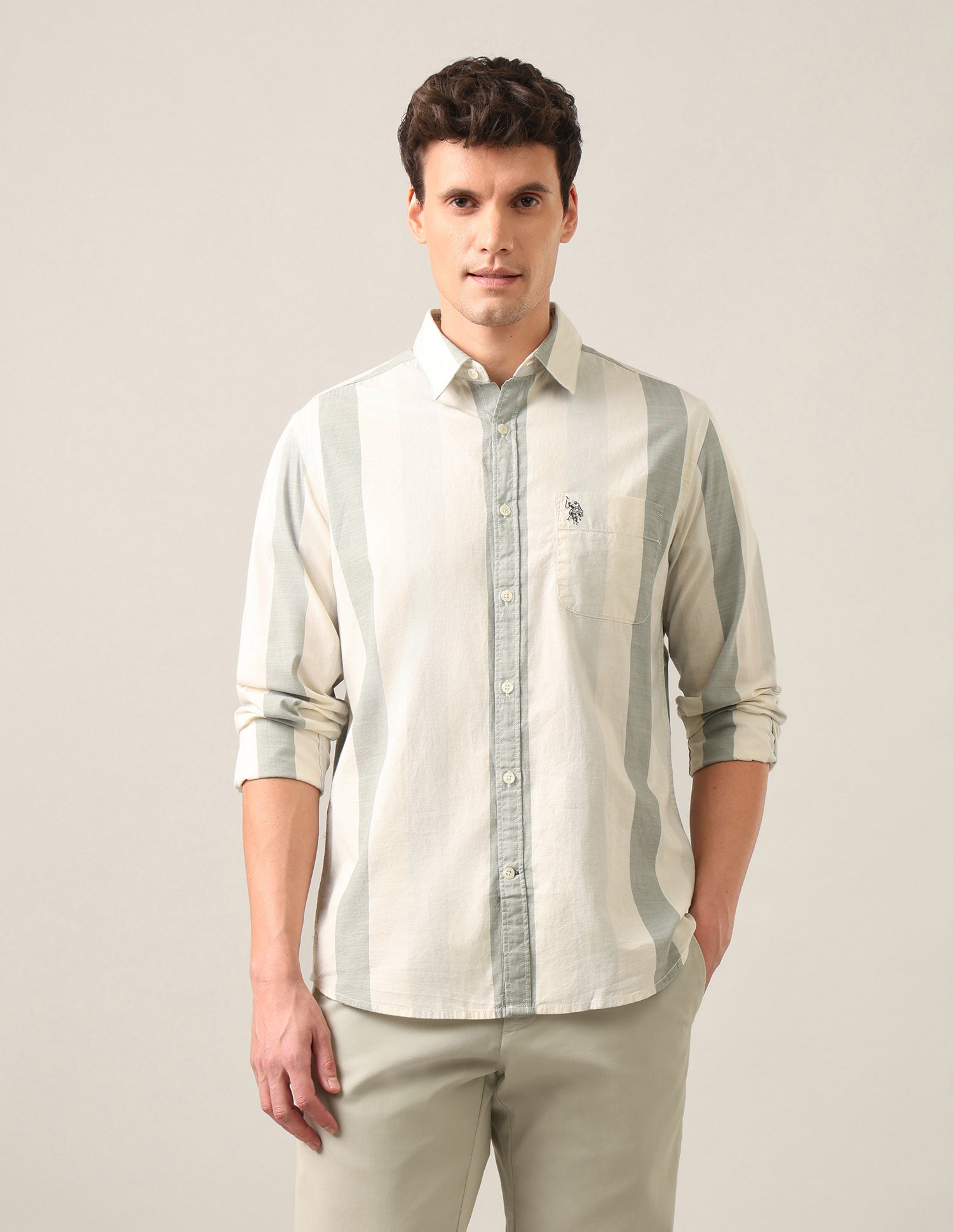 Vertical Striped Regular Fit Shirt Light Olive - U.S. Polo Assn. India | Large