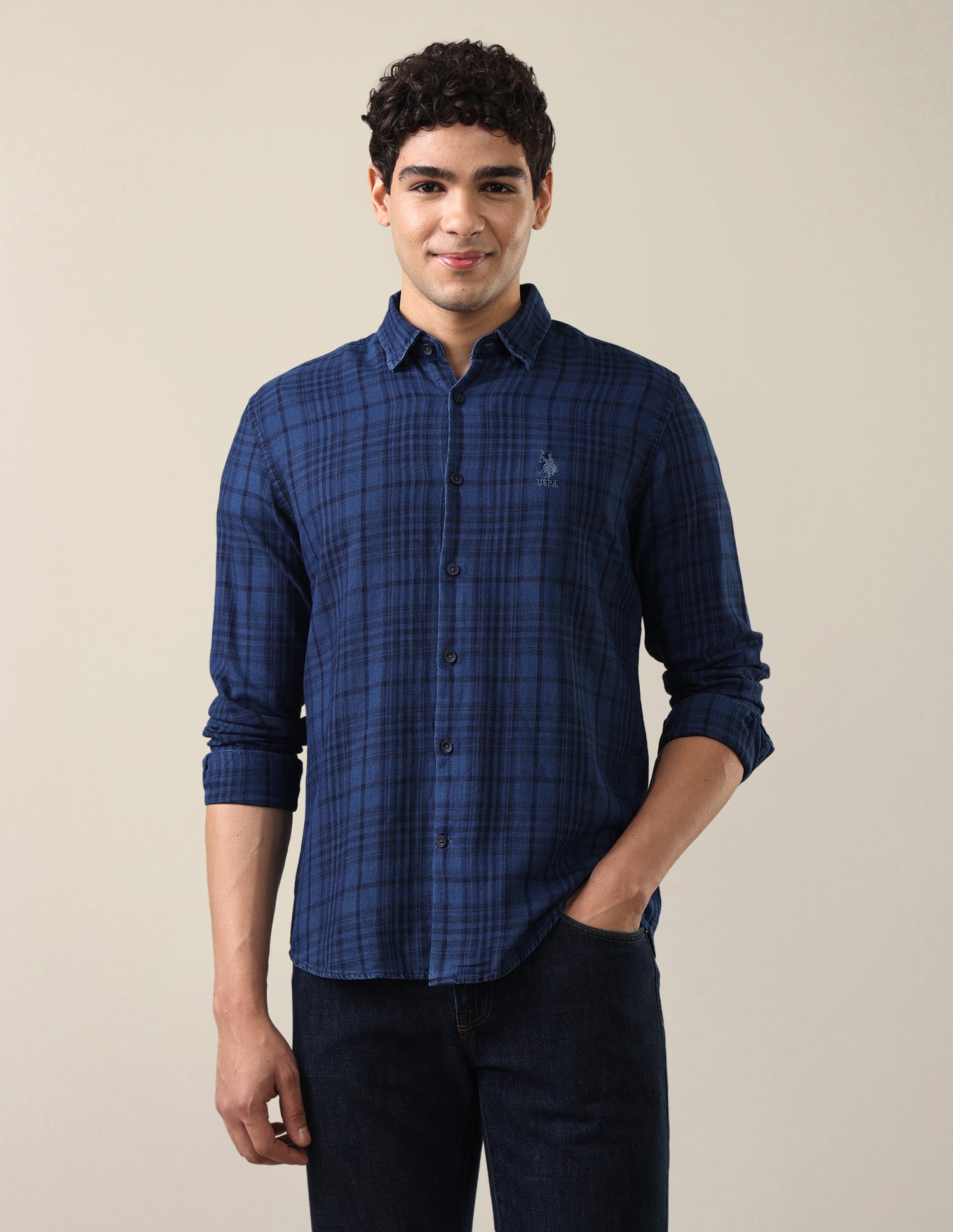 Twill Plaid Checked Shirt Dark Indigo - U.S. Polo Assn. India | Large