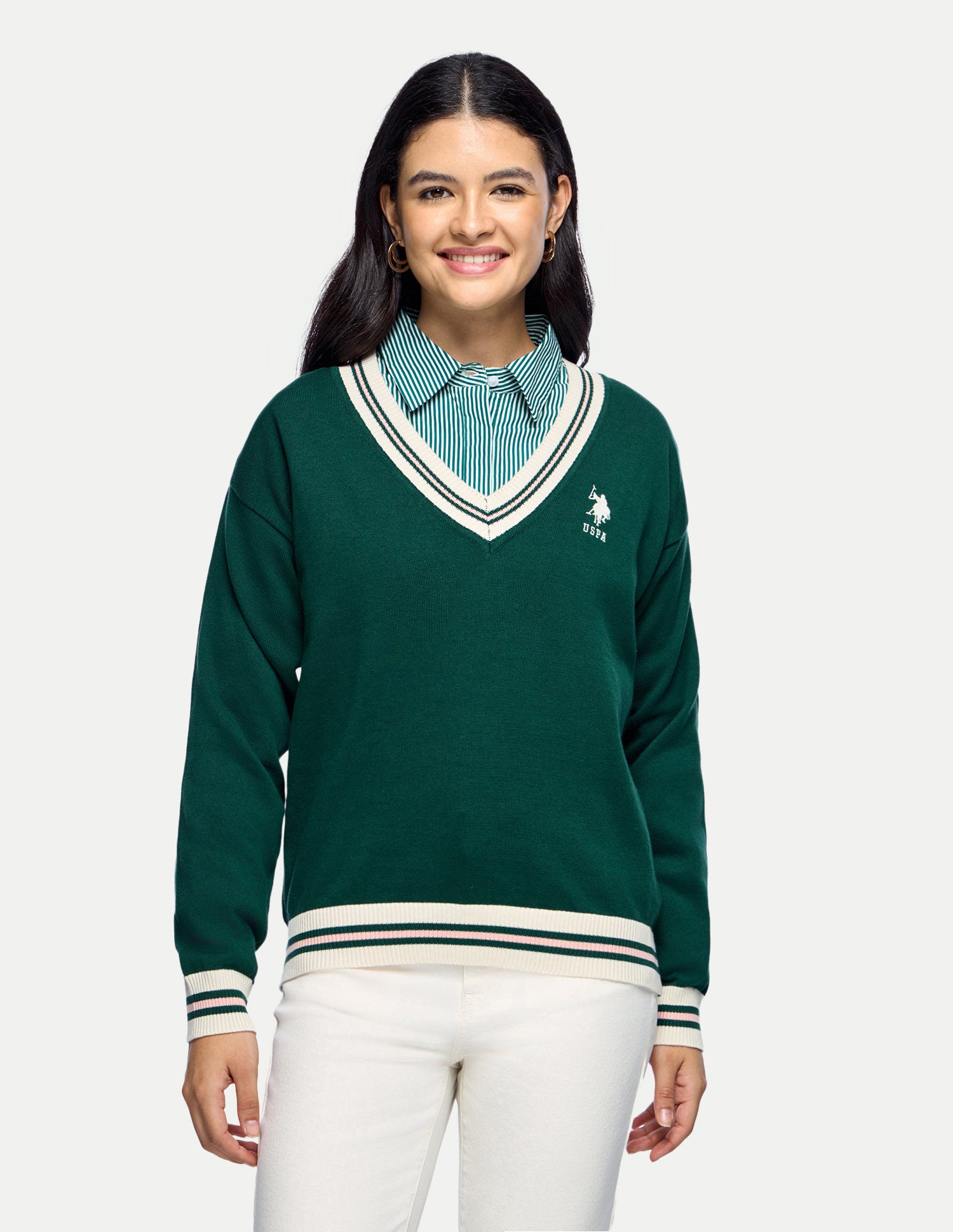 Horizontal Striped Regular Fit Sweater Dark Green - U.S. Polo Assn. India | Large