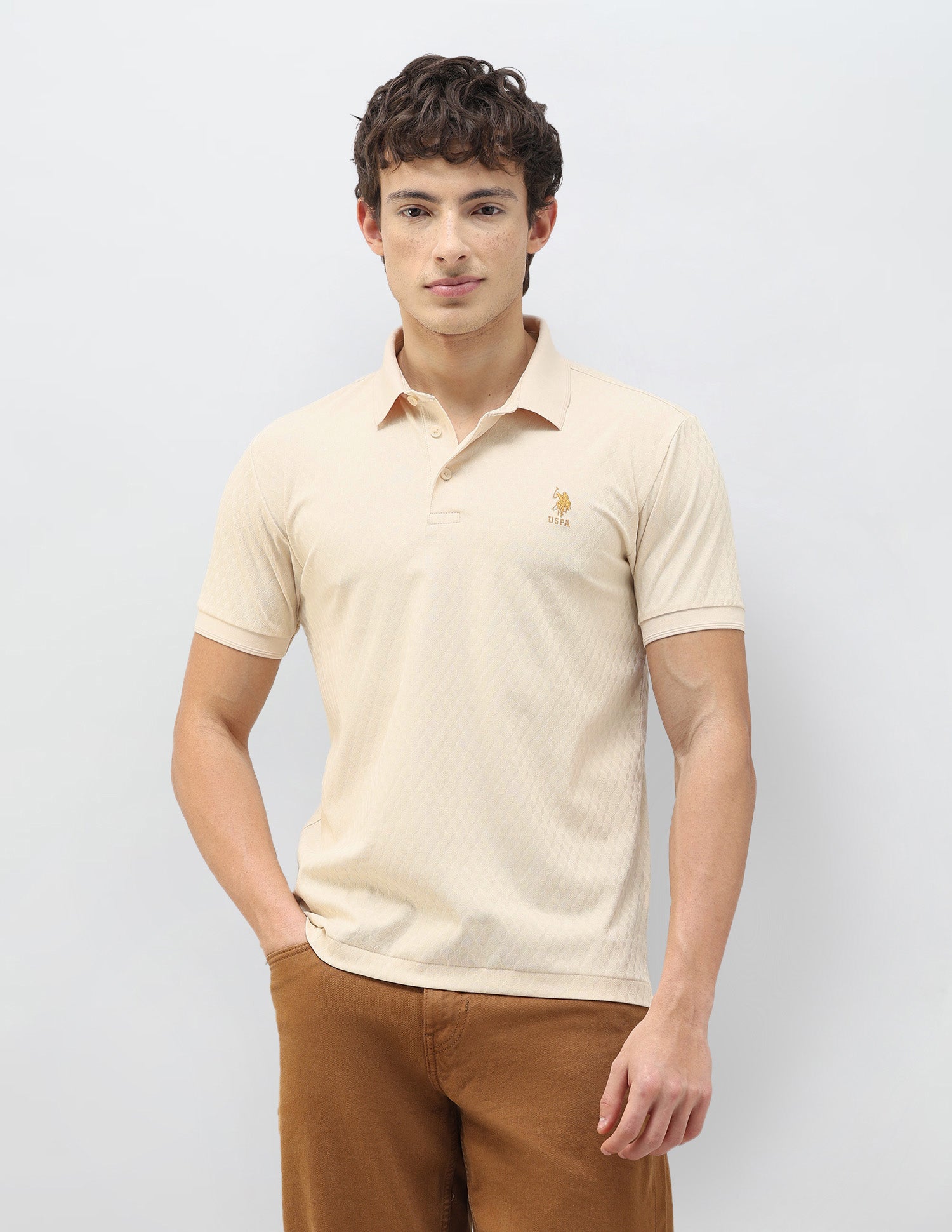 Geometric Patterned Knit Slim Fit Polo Shirt Beige - U.S. Polo Assn. India | Large