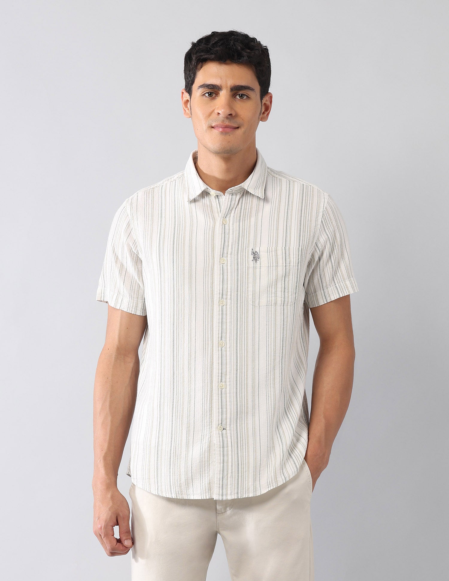 Vertical Striped Seersucker Regular Fit Shirt Olive - U.S. Polo Assn. India | Large