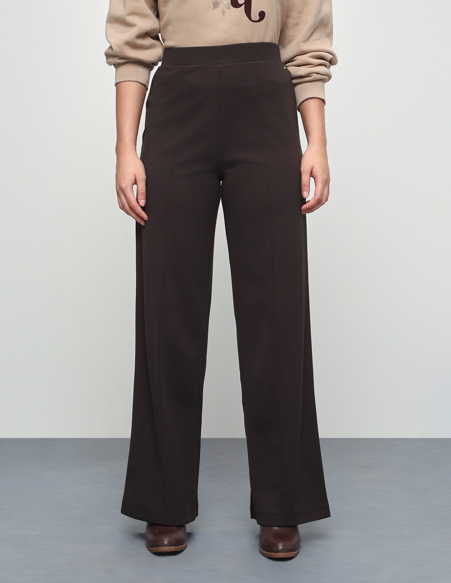 Solid Pintuck Straight Fit Trousers Brown - U.S. Polo Assn. India | Large