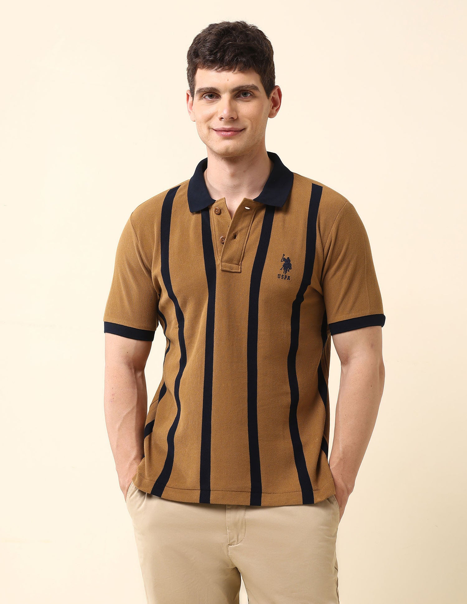 Vertical Striped Pure Cotton Polo Shirt Brown - U.S. Polo Assn. India | Large