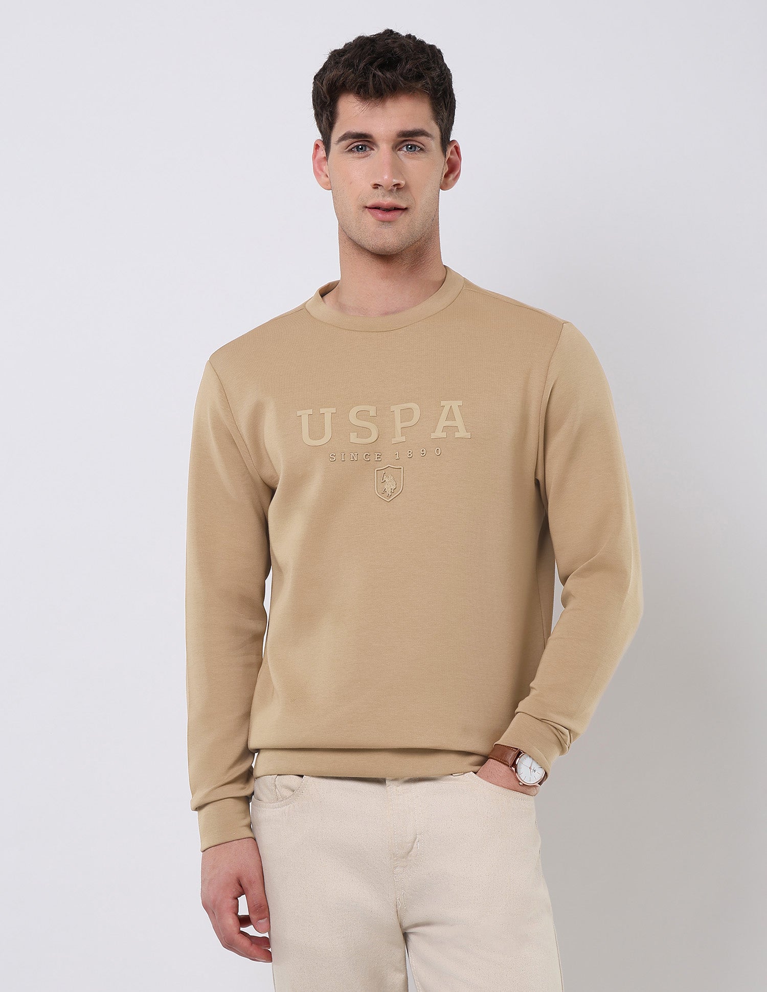 Brand Embossed Regular Fit Sweatshirt Beige - U.S. POLO ASSN. | Large
