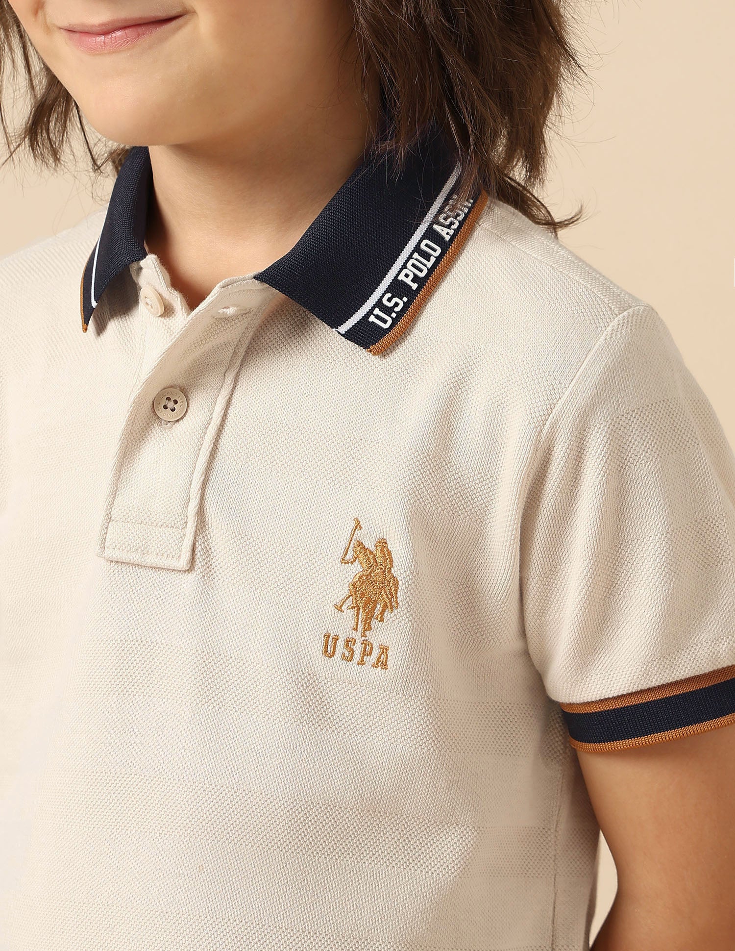 Boys Textured Pure Cotton Polo Shirt Ecru - U.S. POLO ASSN. | Large