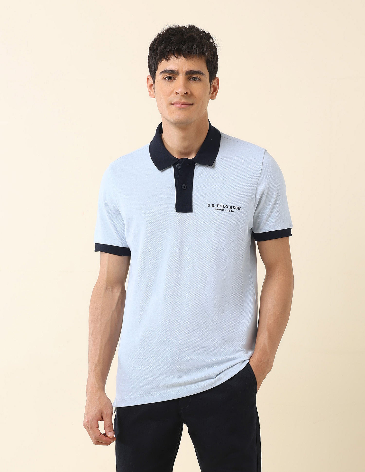 Contrast Collar Slim Fit Polo Shirt Light Blue - U.S. Polo Assn. India | Large