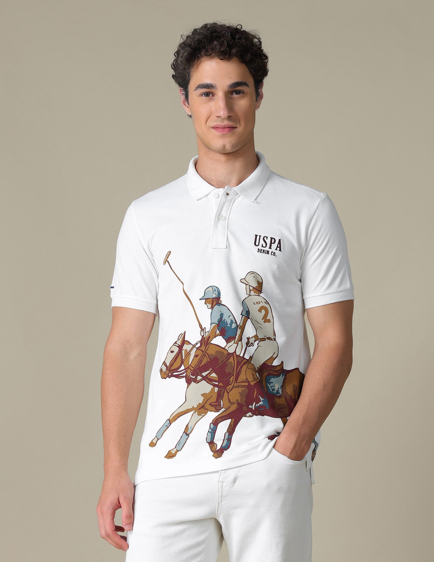 Graphic Brand Printed Slim Fit Polo Shirt Ivory - U.S. Polo Assn. India | Large