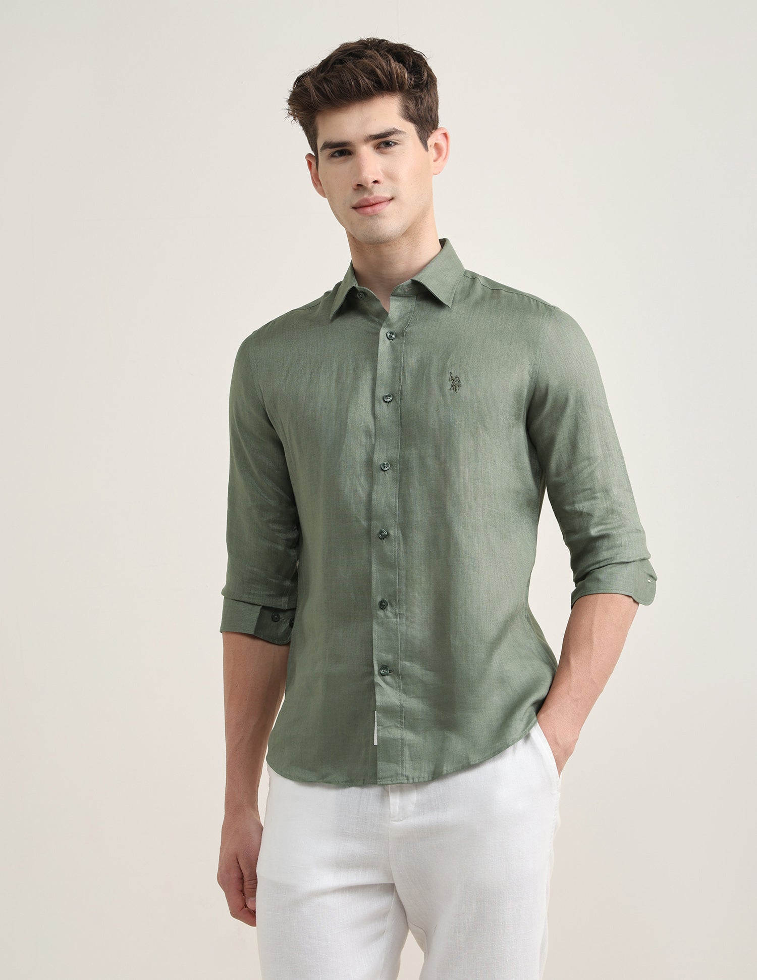 Solid Regular Fit Shirt Light Olive - U.S. Polo Assn. India | Large