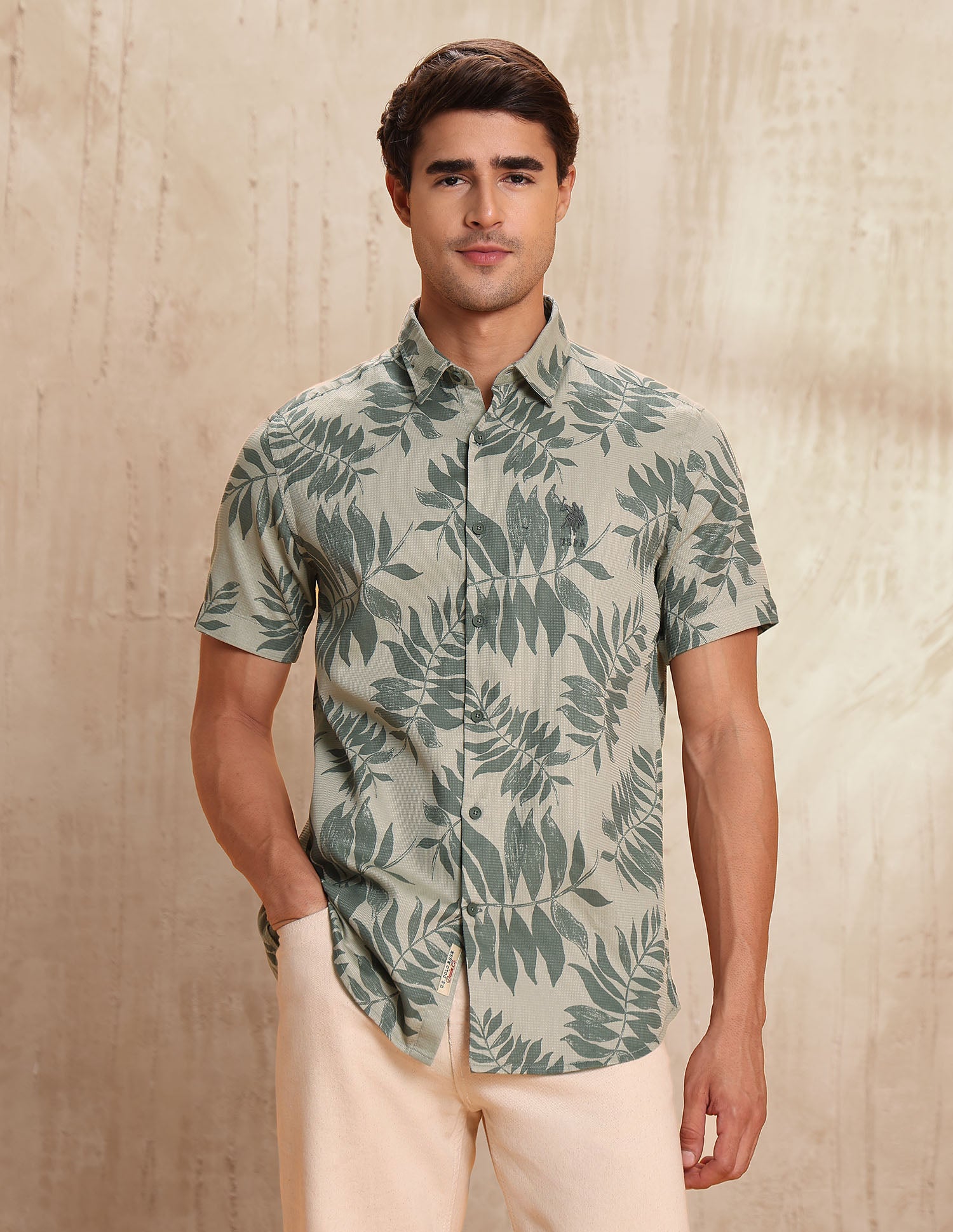 Slim Fit Tropical Printed Shirt Light Olive - U.S. POLO ASSN. | Large