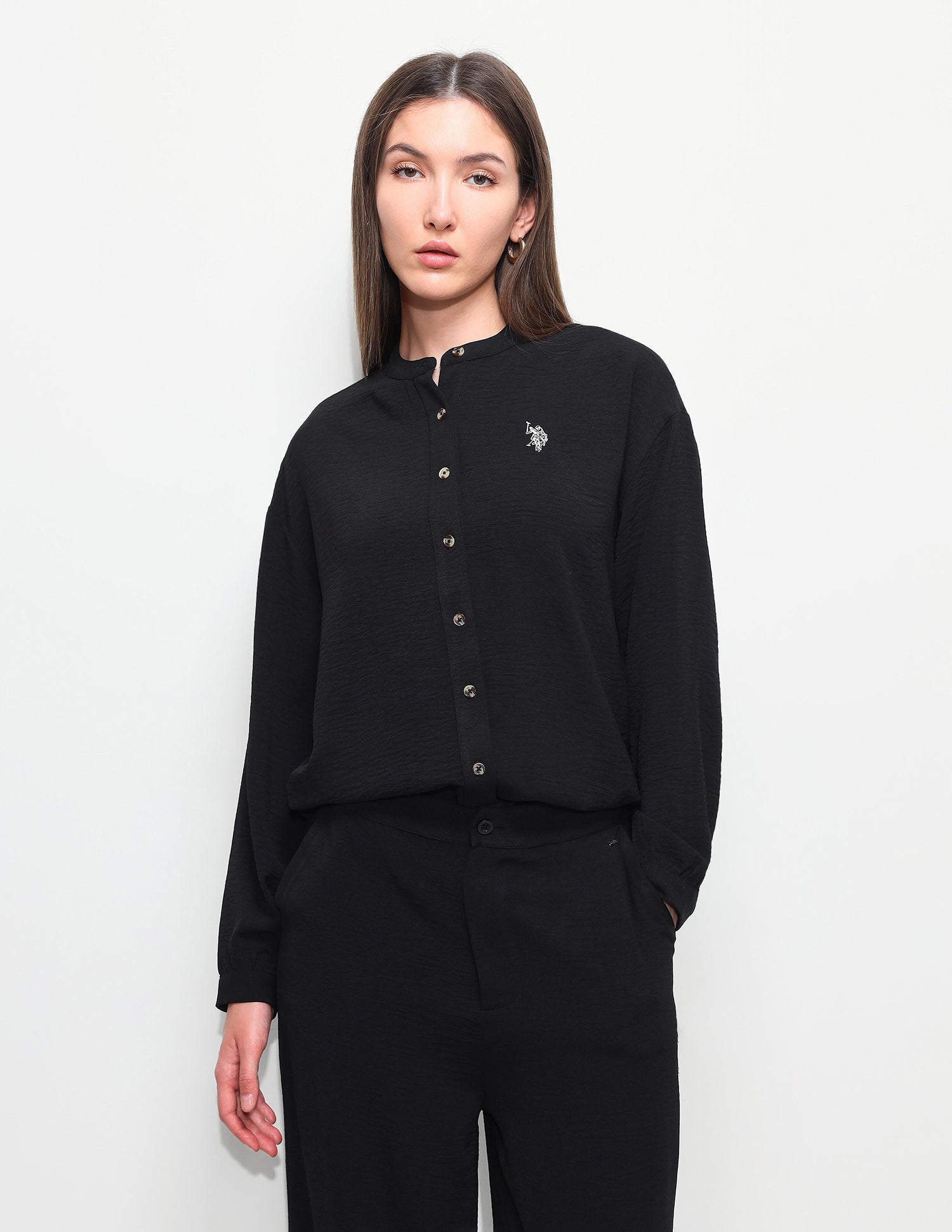 Solid Relaxed Fit Mandarin Shirt Black - U.S. Polo Assn. India | Large