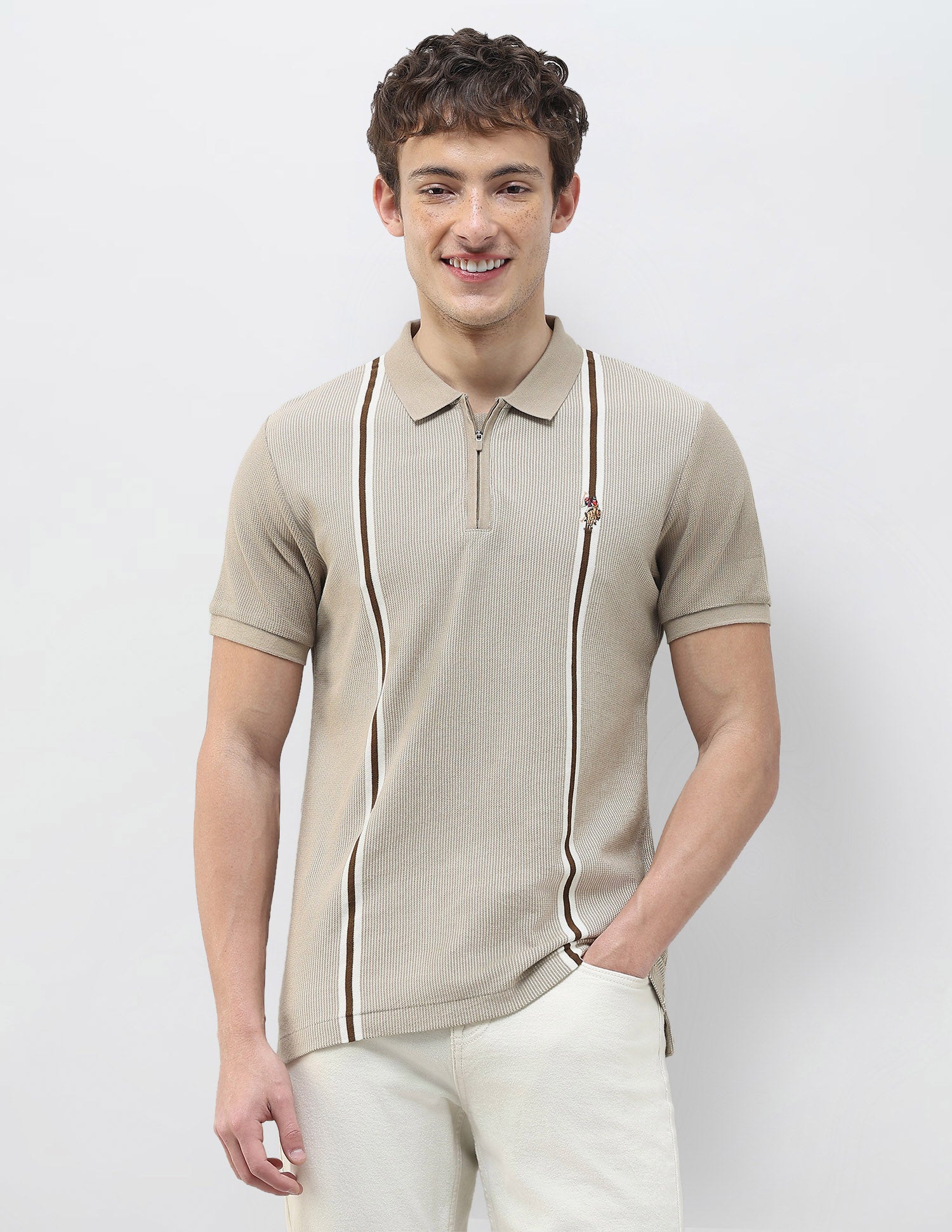 Vertical Striped Slim Fit Polo Shirt Beige - U.S. Polo Assn. India | Large