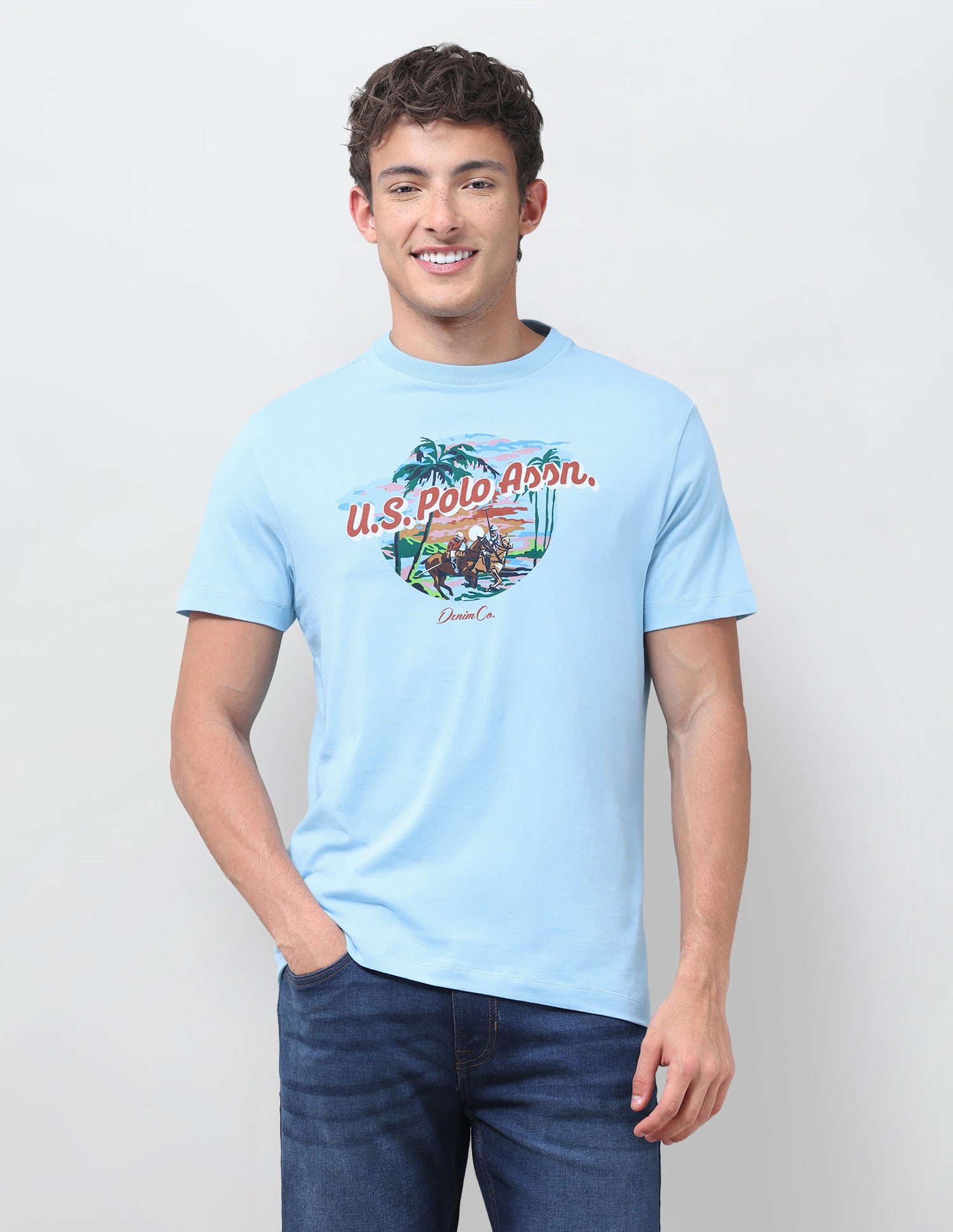 Graphic Brand Printed Regular Fit T-Shirt Light Blue - U.S. Polo Assn. India | Large