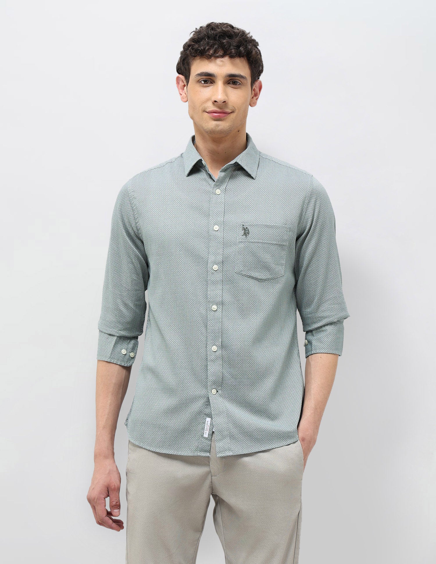 All Over Printed Tailored Fit Shirt Olive - U.S. Polo Assn. India | Large