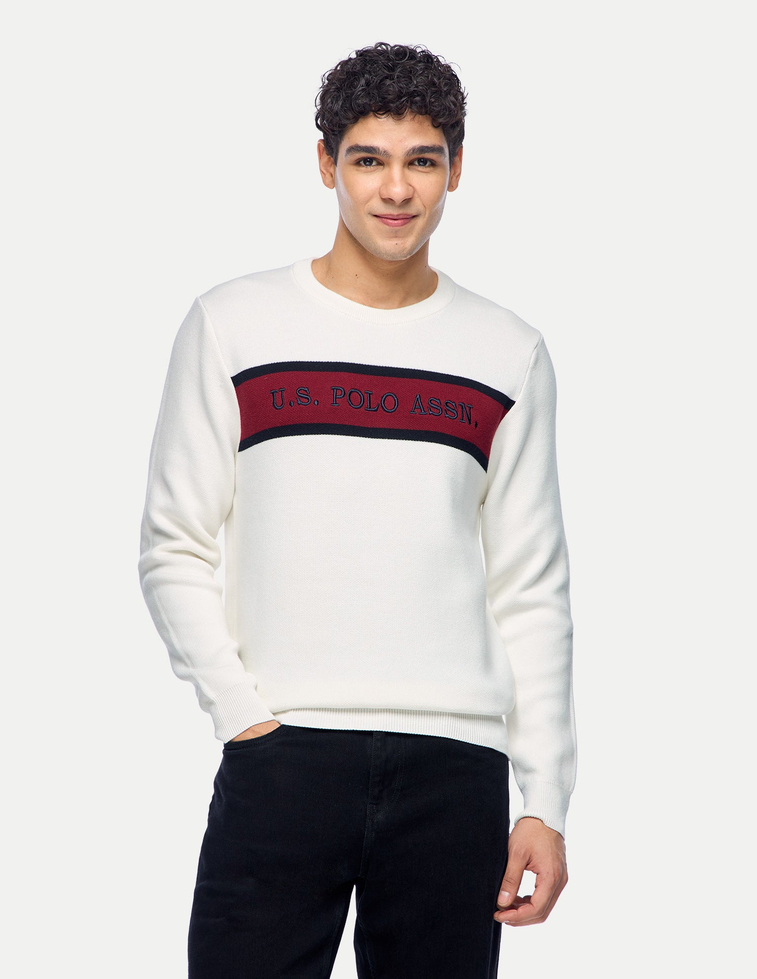 Brand Embroidered Colorblocked Slim Fit Sweater Off White - U.S. Polo Assn. India | Large