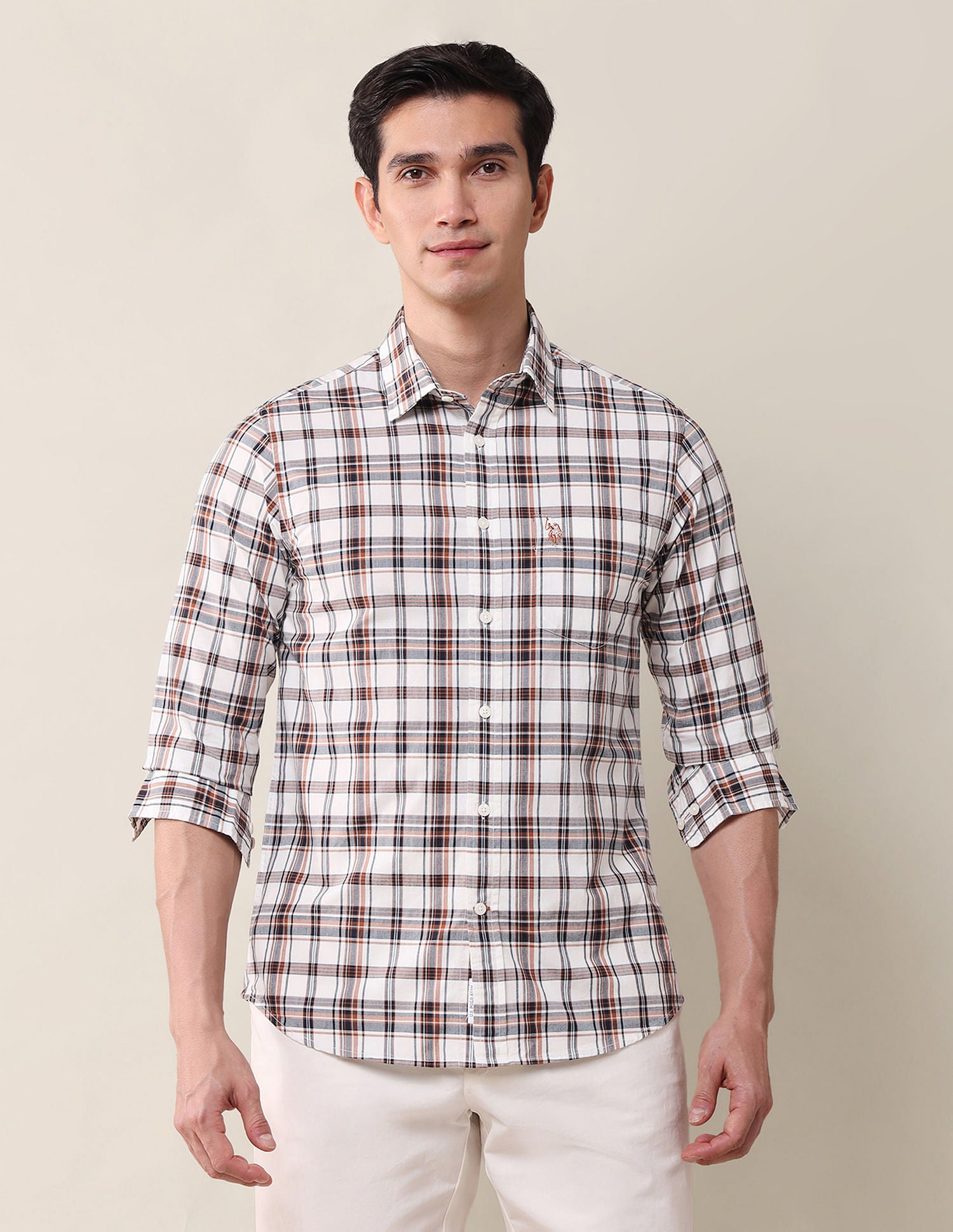 Tailored Fit Twill Checked Shirt Off White - U.S. Polo Assn. India | Large