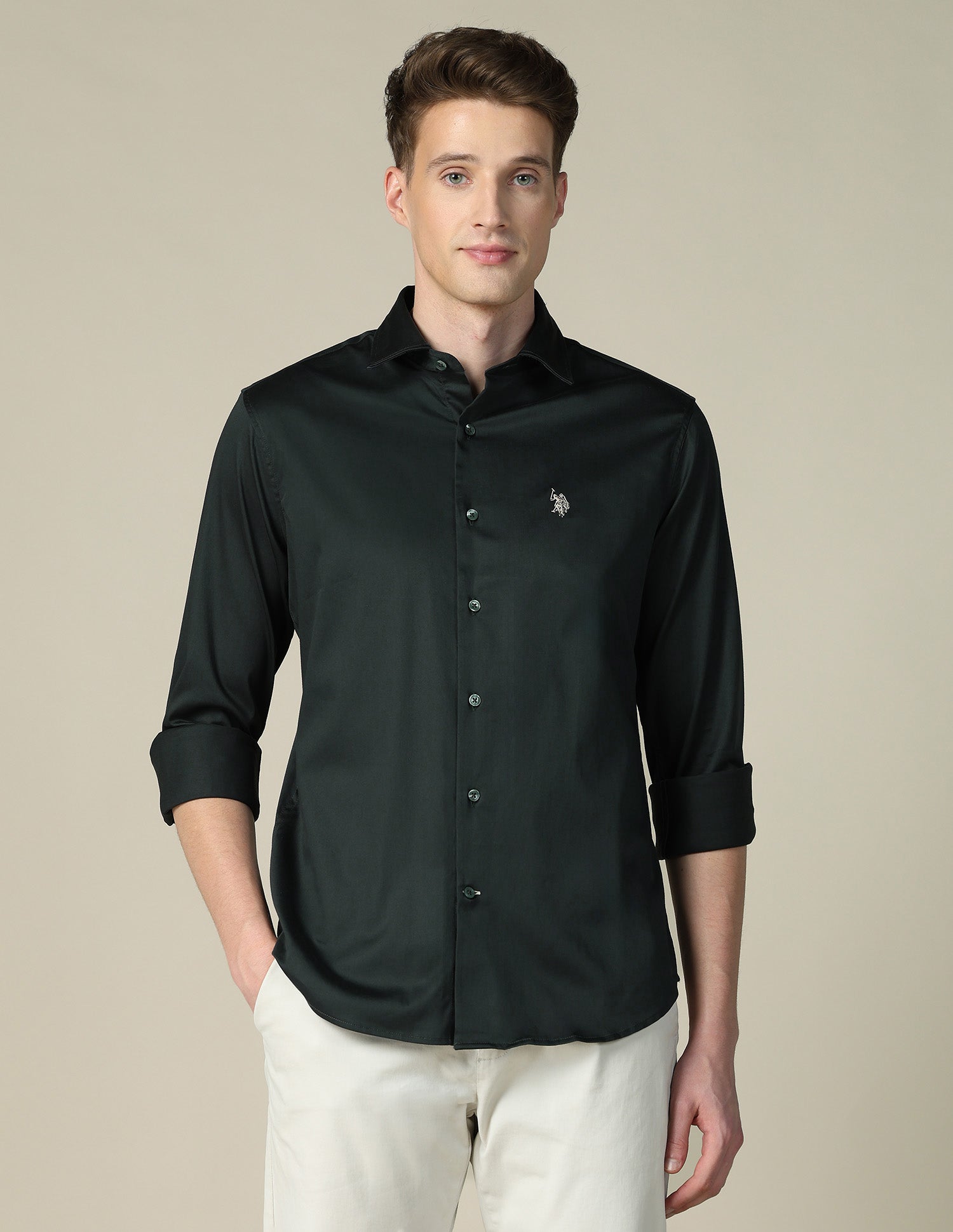 Tailored Fit Satin Shirt Olive - U.S. POLO ASSN. | Large