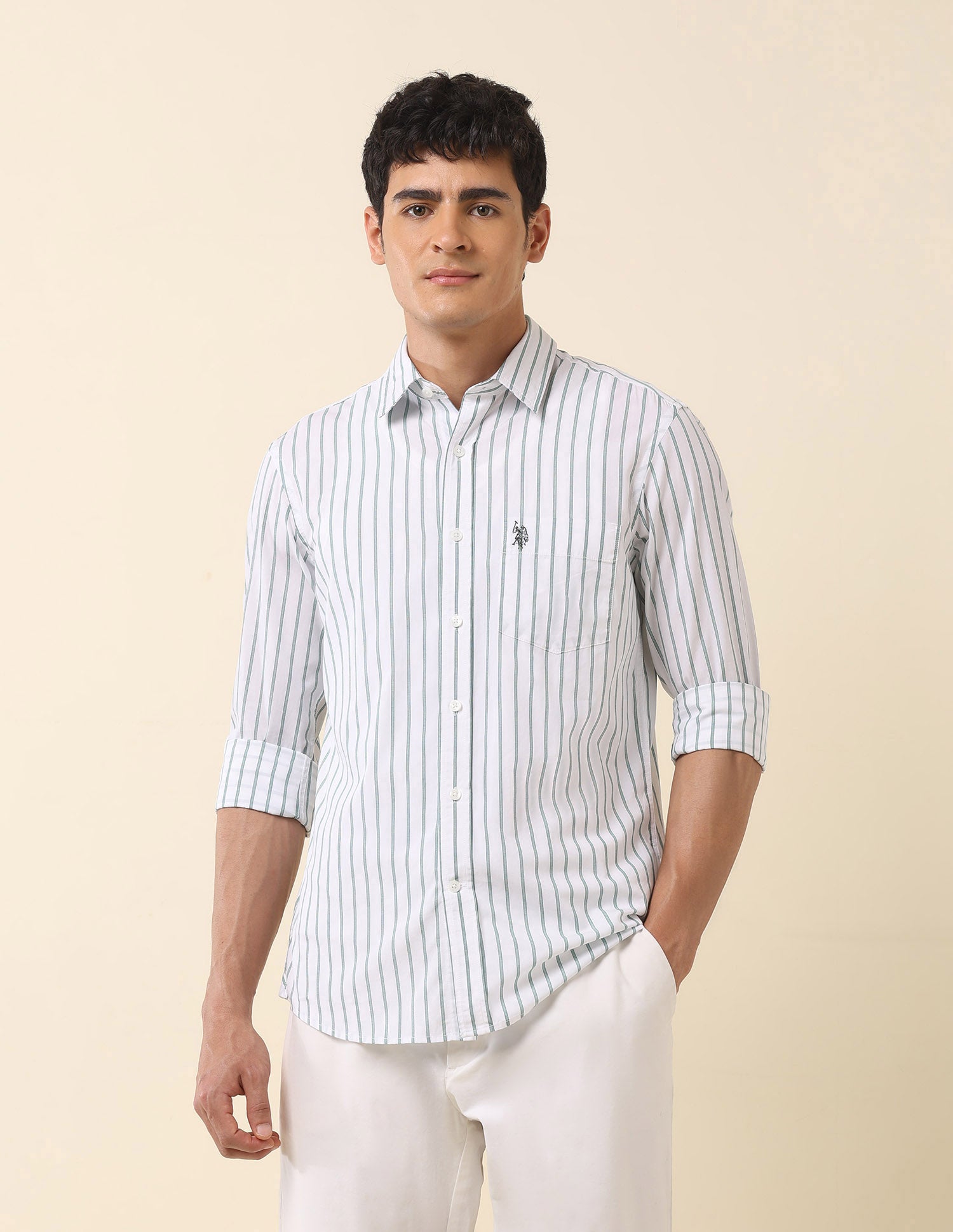 Tailored Fit Vertical Striped Shirt Green - U.S. Polo Assn. India | Large