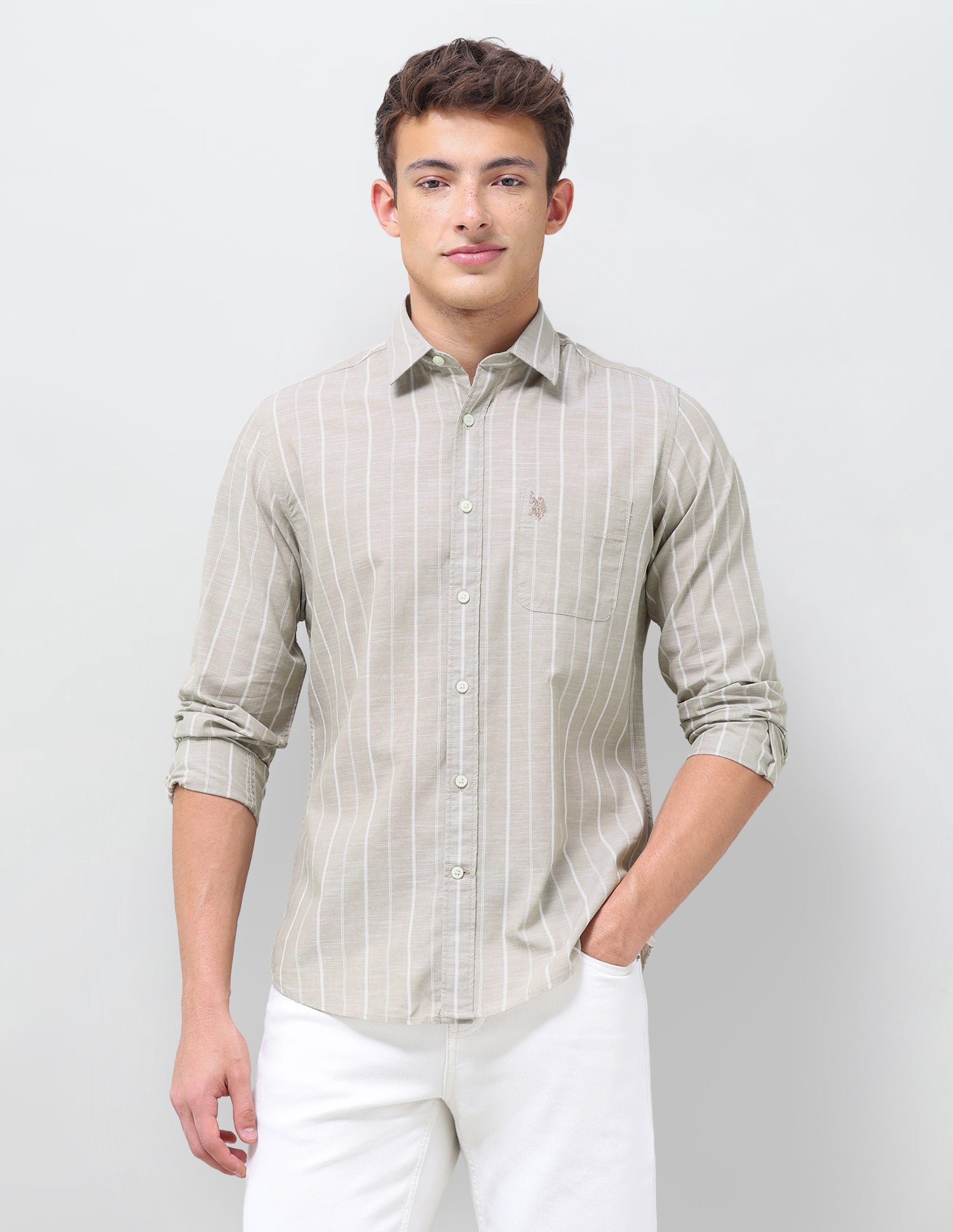 Vertical Striped Regular Fit Shirt Beige - U.S. Polo Assn. India | Large