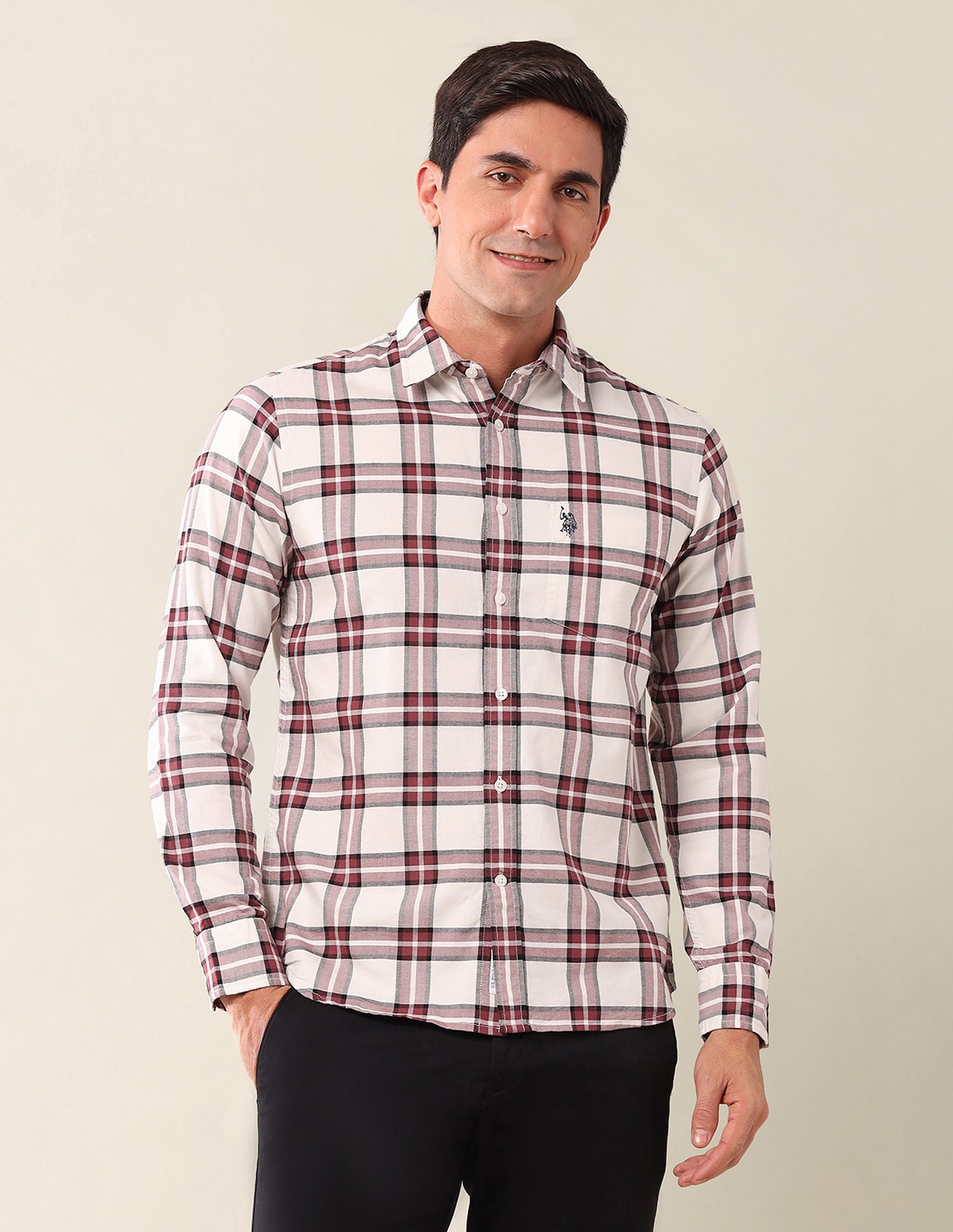 Tailored Fit Checked Shirt Off White - U.S. Polo Assn. India | Large