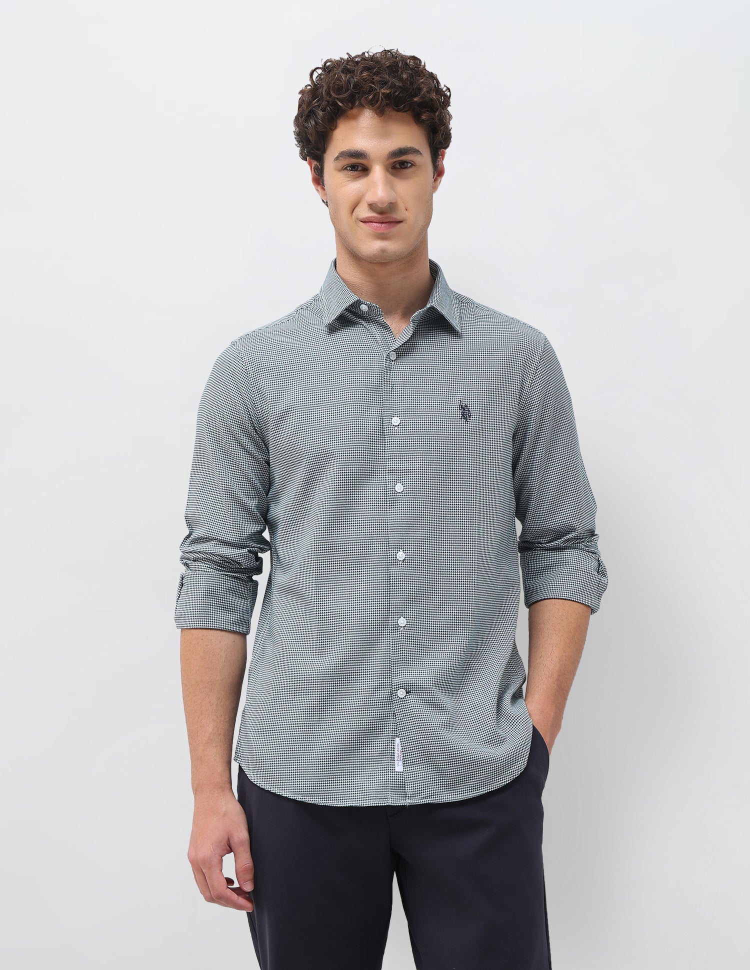 Self Design Houndstooth Twill Shirt Green - U.S. Polo Assn. India | Large